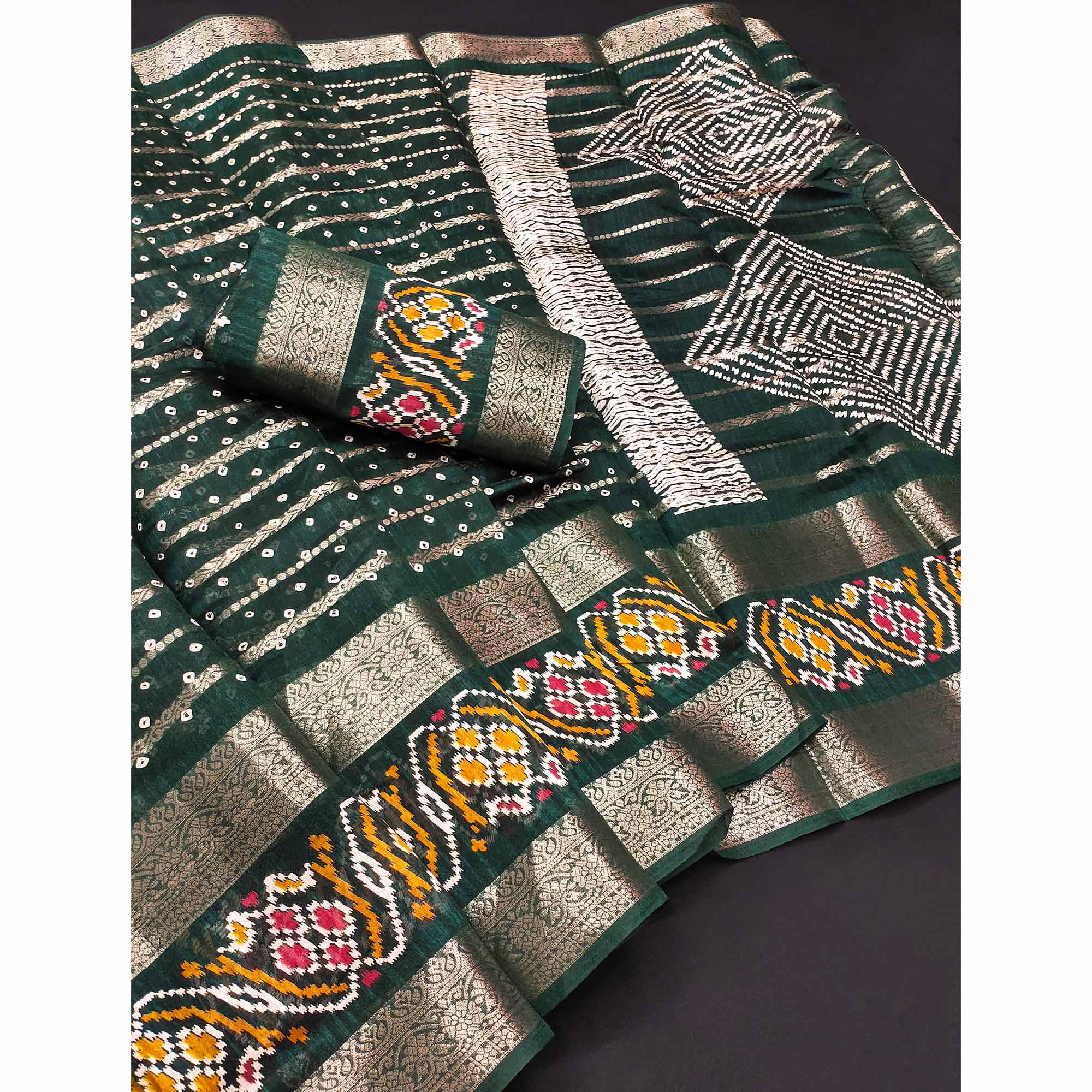 Green Bandhani Printed Dola Silk Saree Enhanced With Fine Weaving Accents