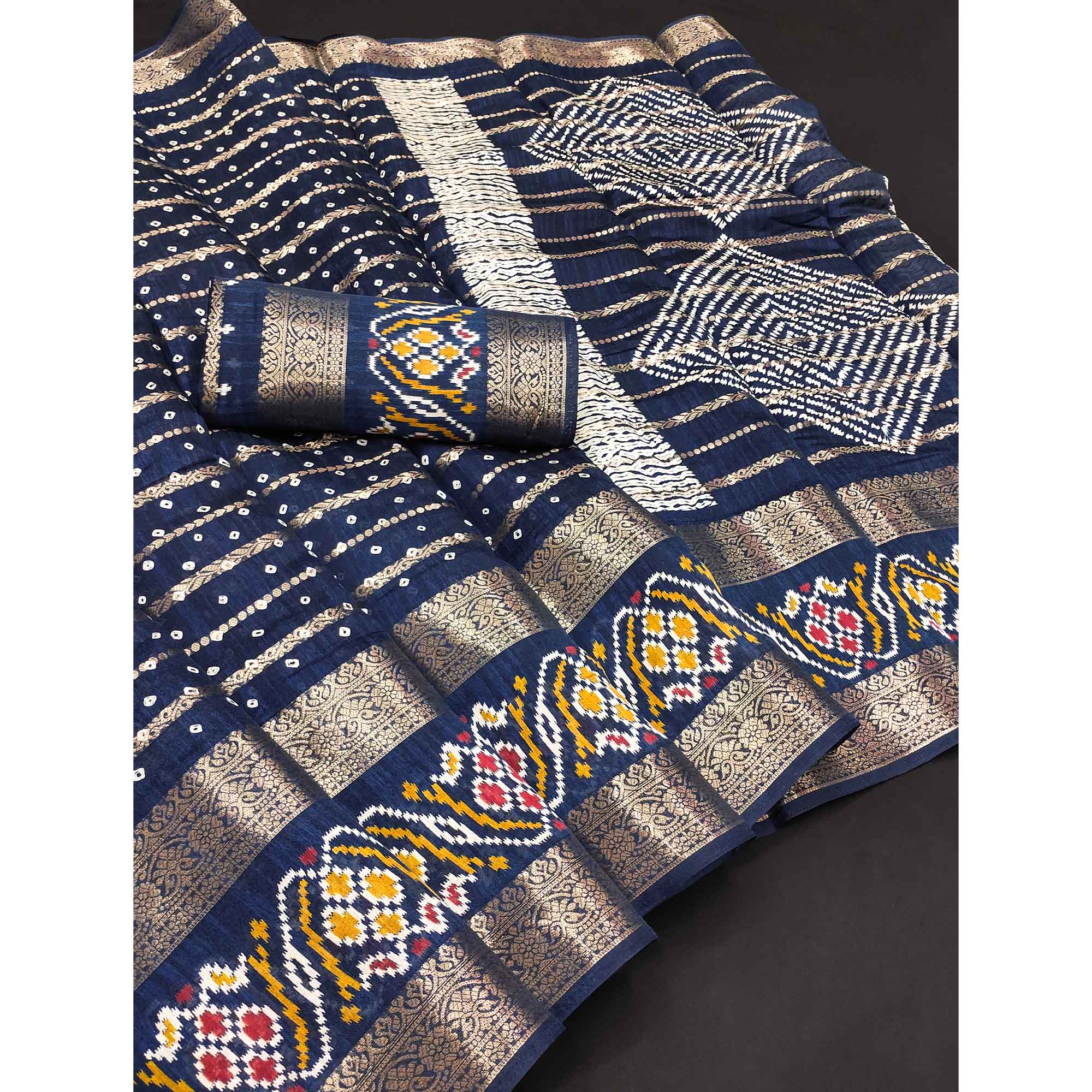 Navy Blue Bandhani Printed Dola Silk Saree Enhanced With Fine Weaving Accents