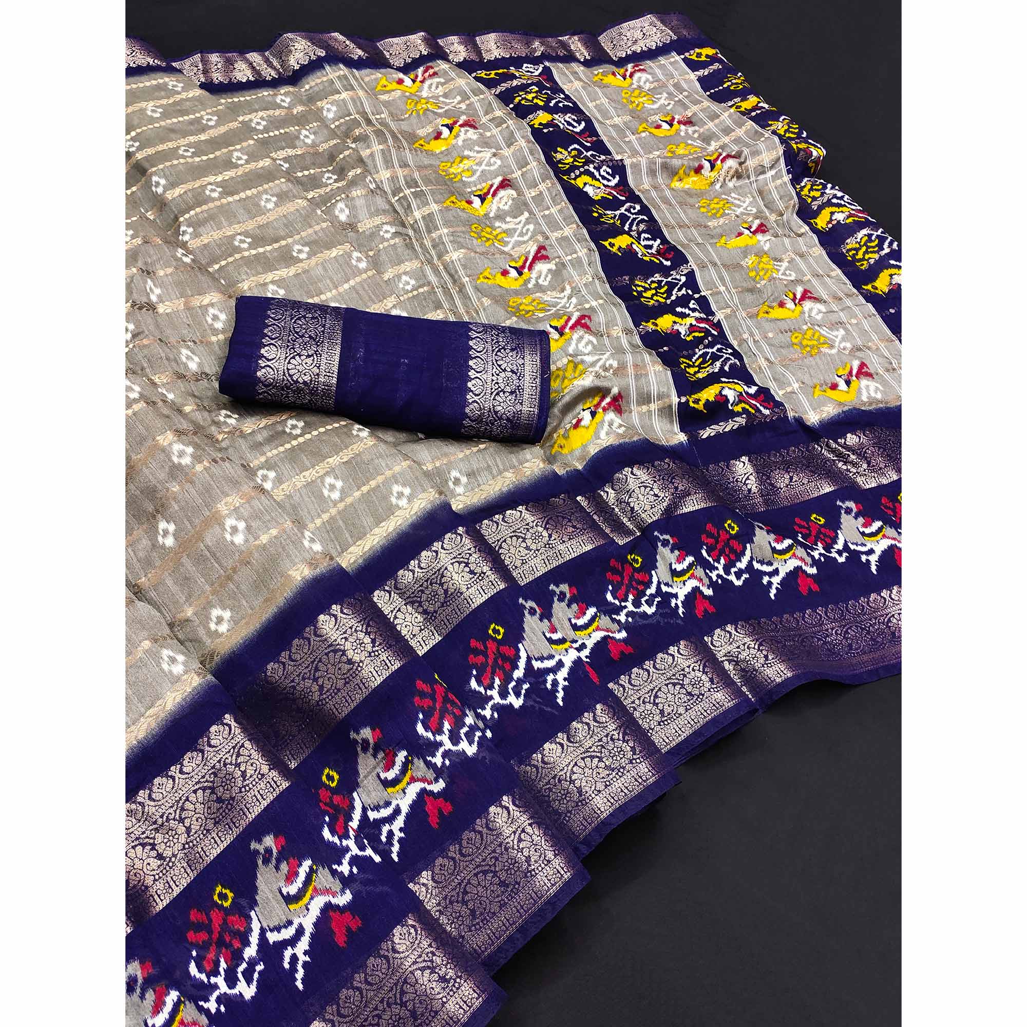 Grey & Navy Blue Ikkat Printed Dola Silk Saree With Elegant Weaving Work