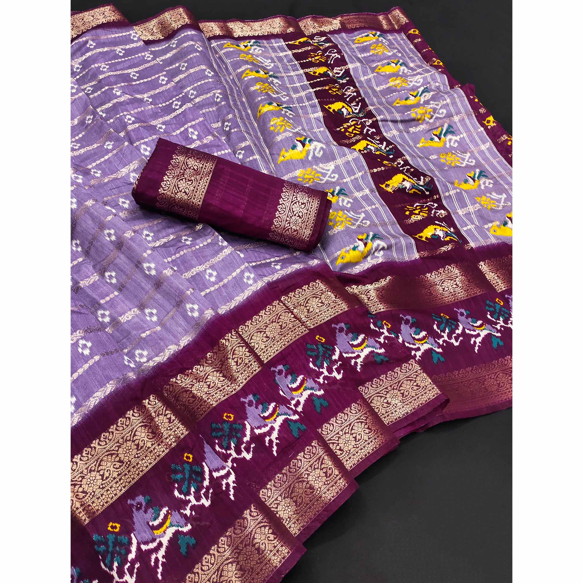 Lavender Ikkat Printed Dola Silk Saree With Elegant Weaving Work
