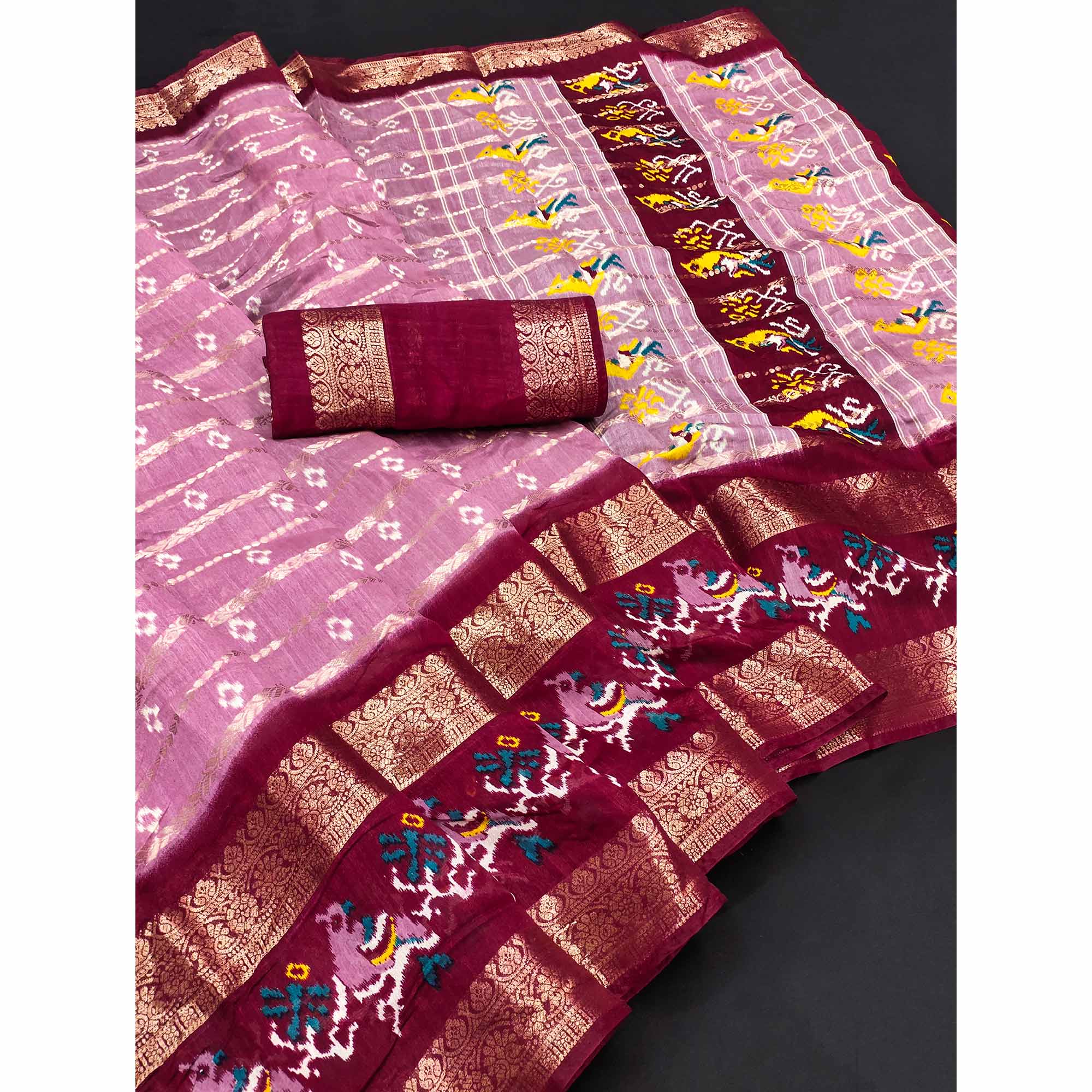 Pink Ikkat Printed Dola Silk Saree With Elegant Weaving Work