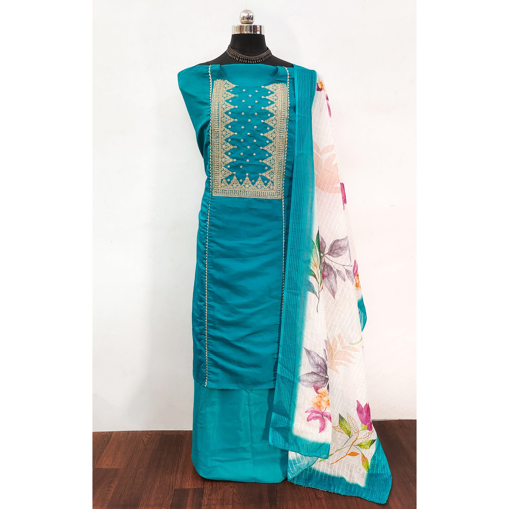 Teal Golden Thread Embroidered On Viscose Dress Material
