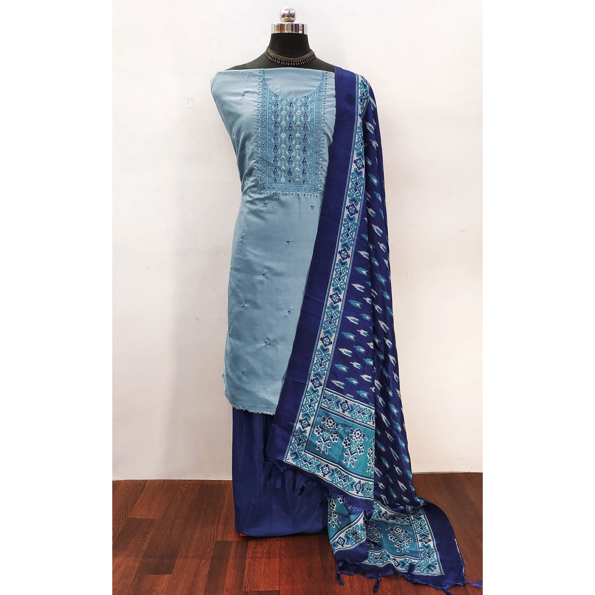 Charming Blue Floral Design With Sequin Work Dress Material In Chanderi Silk