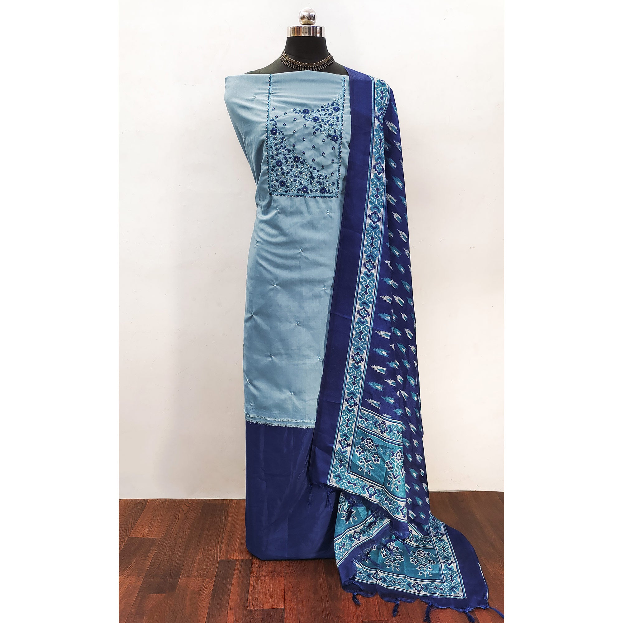 Luxury Blue Chanderi Silk Floral Sequin Embroidered Work Dress Material