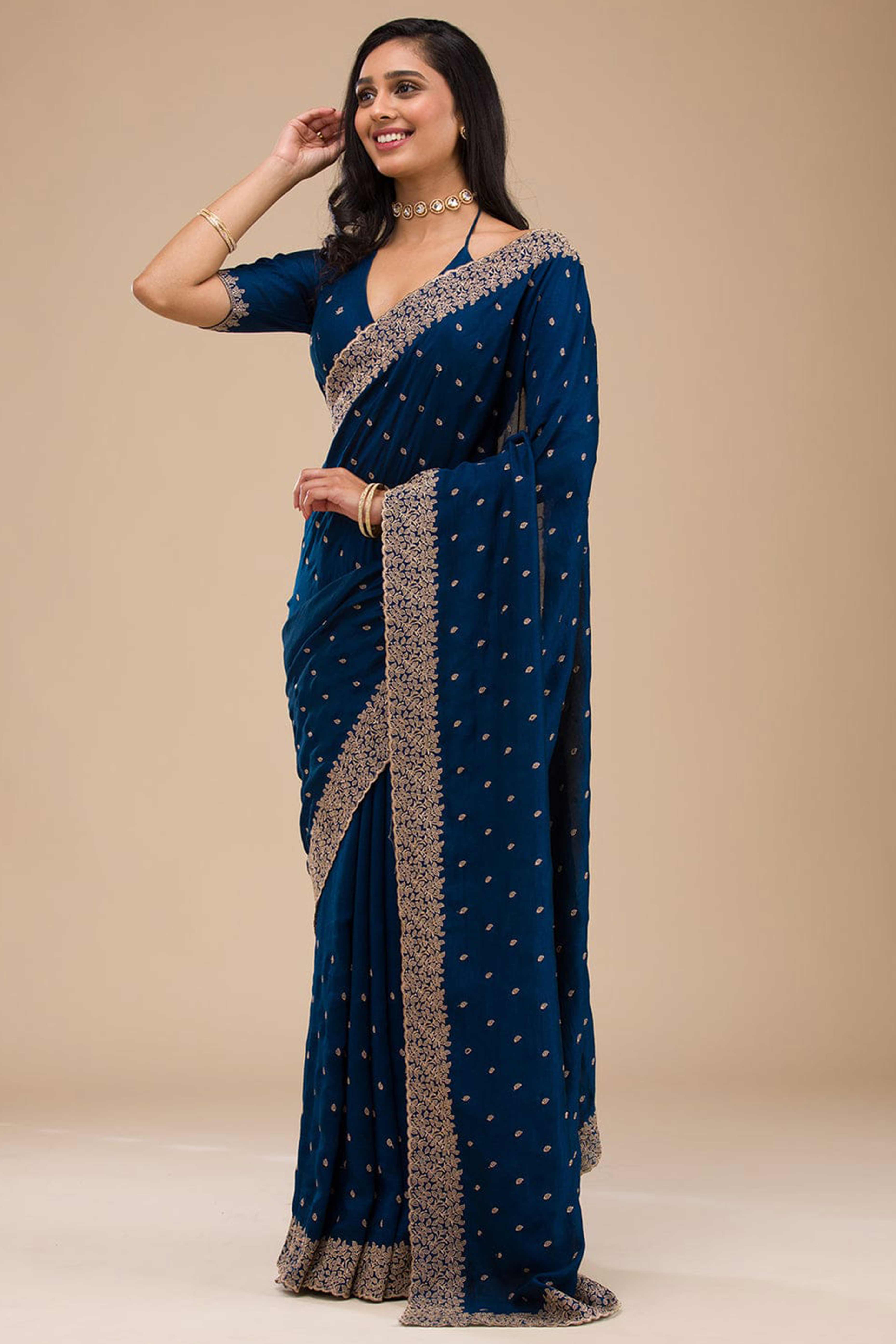 Sophisticated Blue Saree in Vichitra Silk with All-Over Floral Embroidered