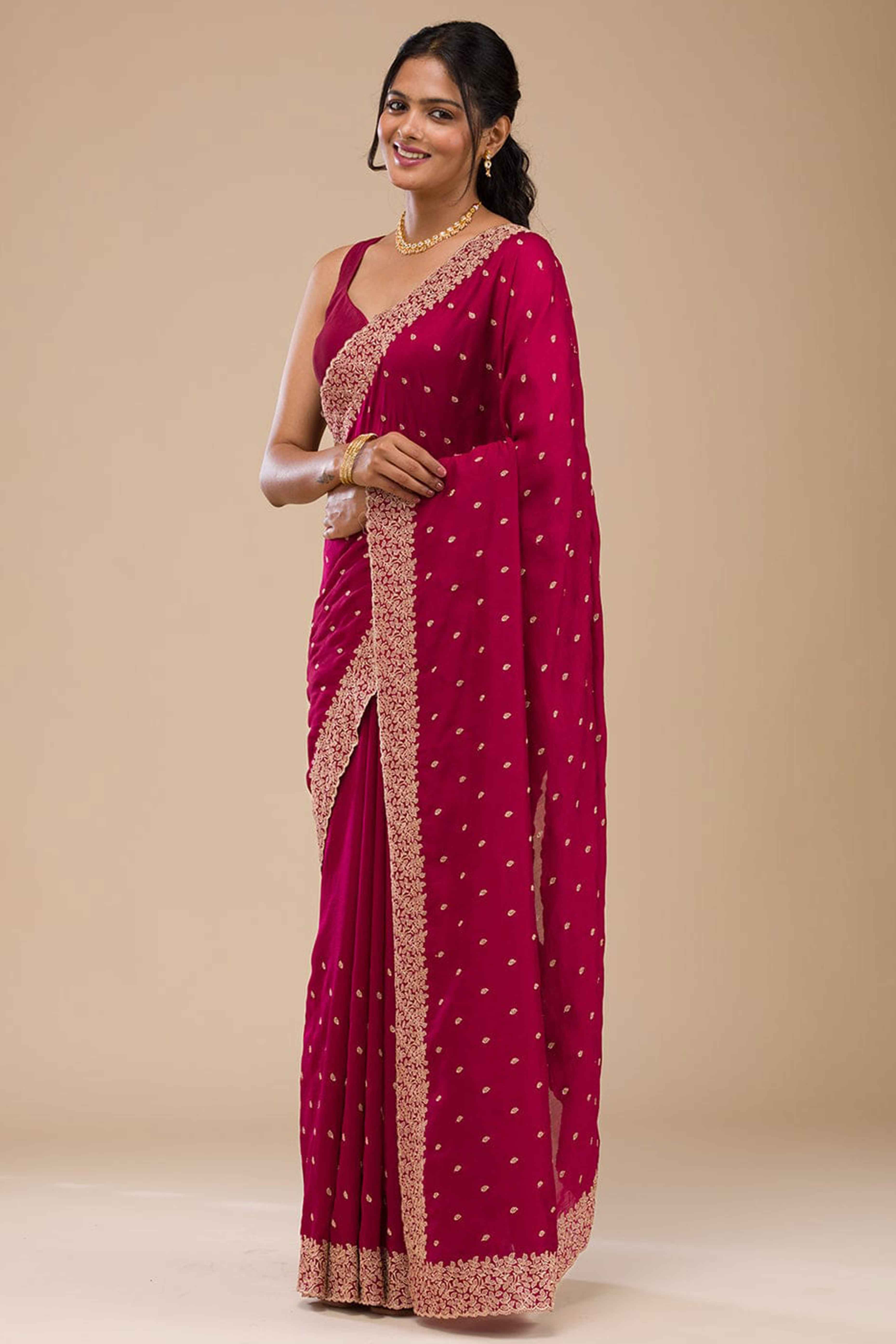 Sophisticated Pink Saree in Vichitra Silk with All-Over Floral Embroidered