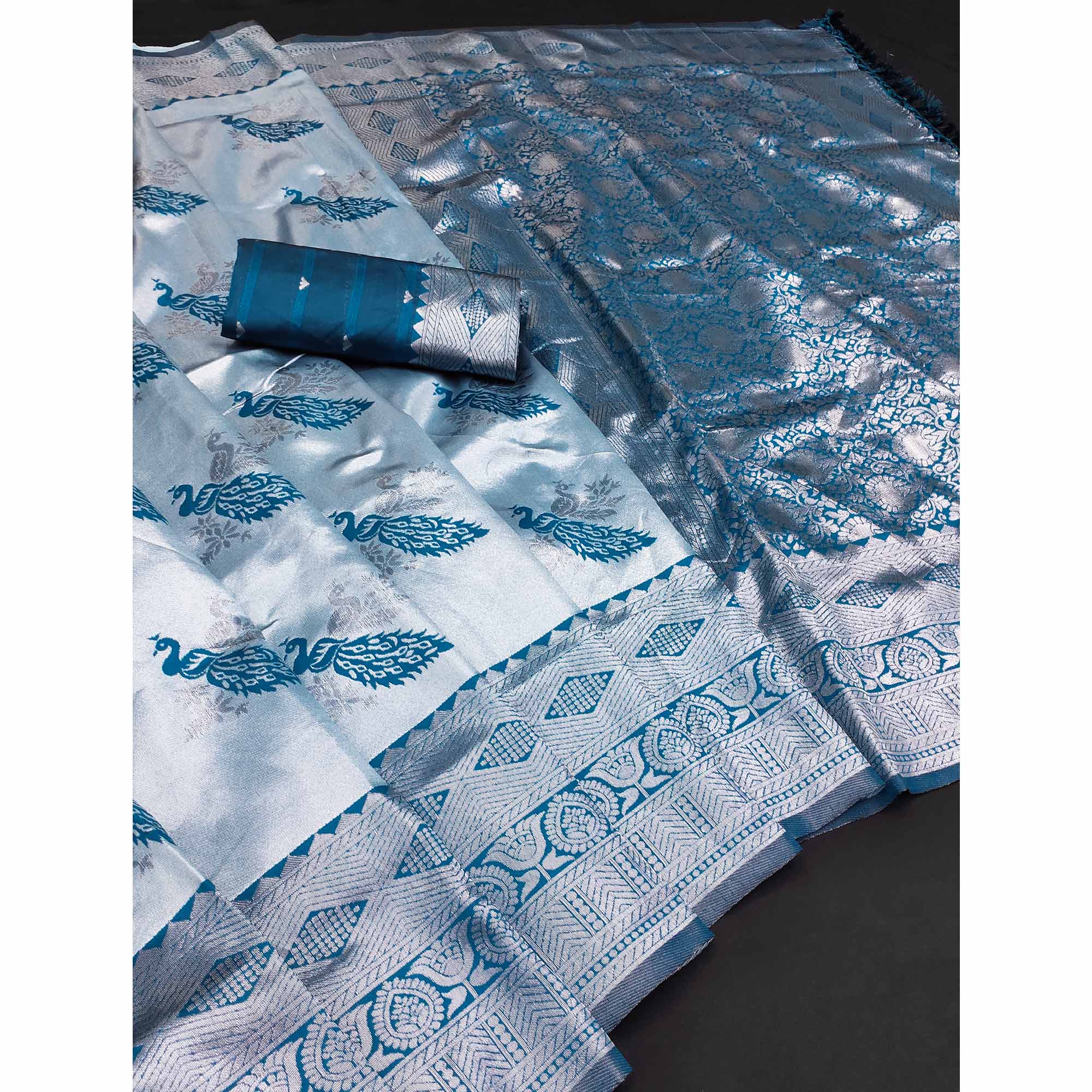 Blue Banarasi Silk Saree Featuring Zari Weaving Peacock Pattern & Luxe Tassels