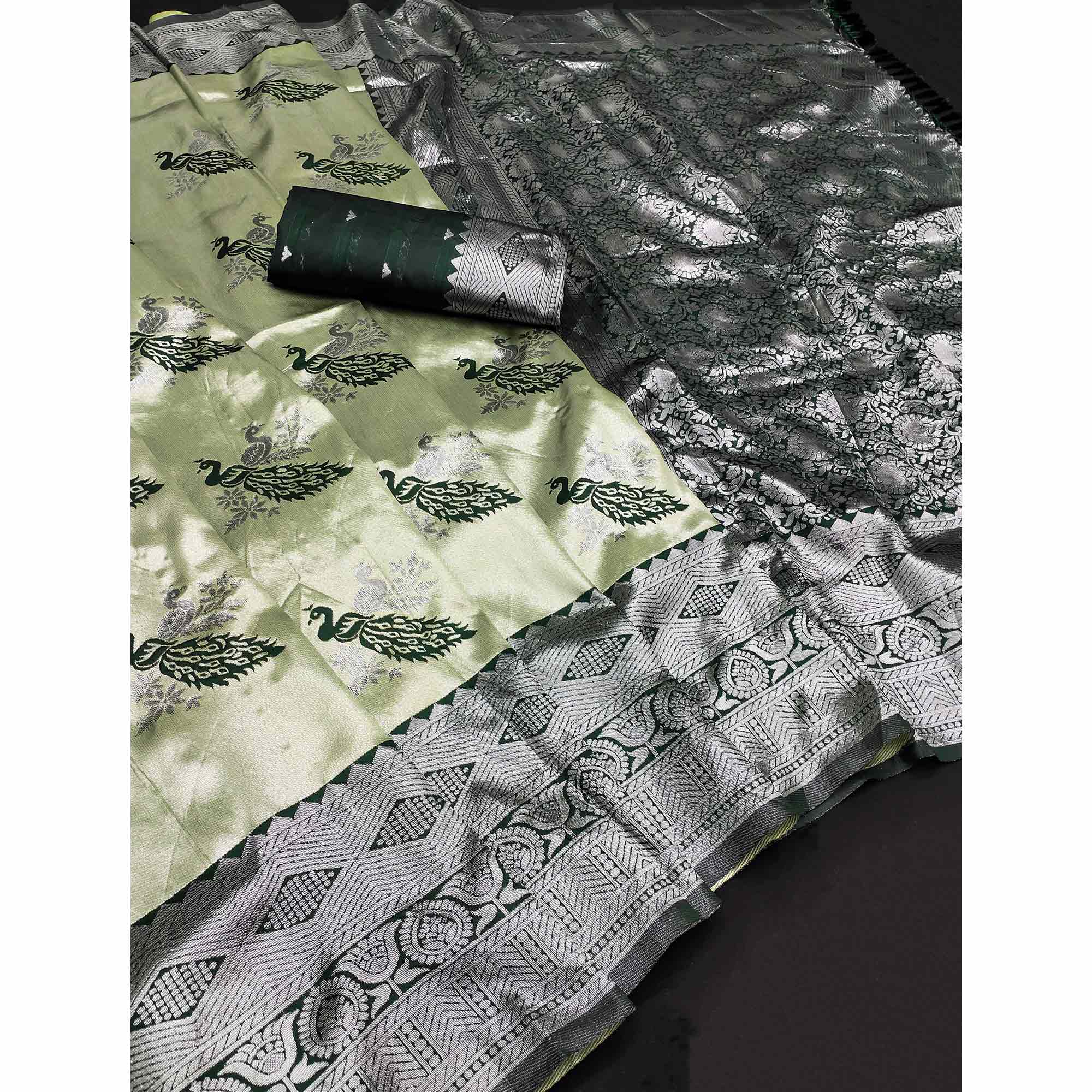 Light Green Banarasi Silk Saree Featuring Zari Weaving Peacock Pattern & Luxe Tassels