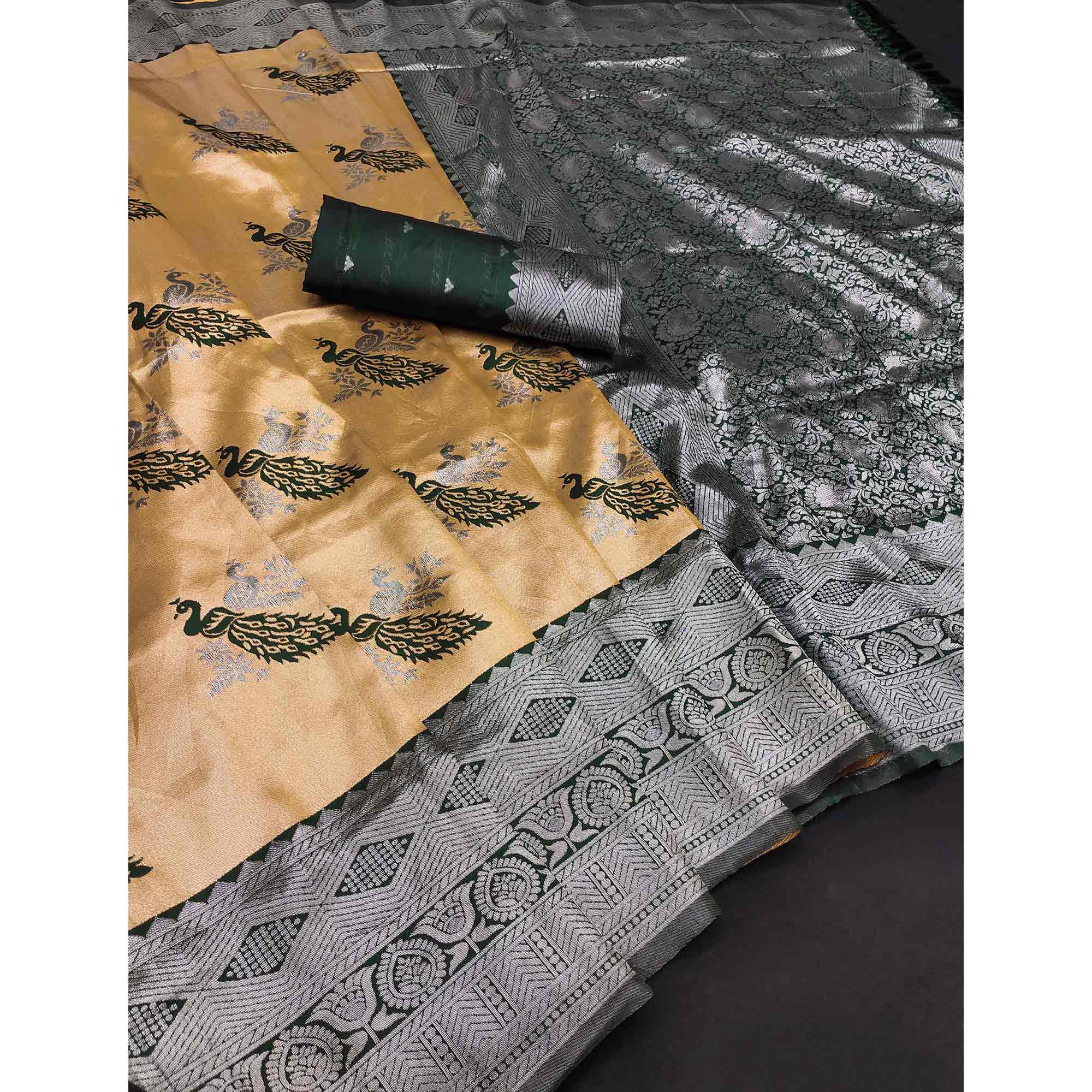 Mustard Banarasi Silk Saree Featuring Zari Weaving Peacock Pattern & Luxe Tassels