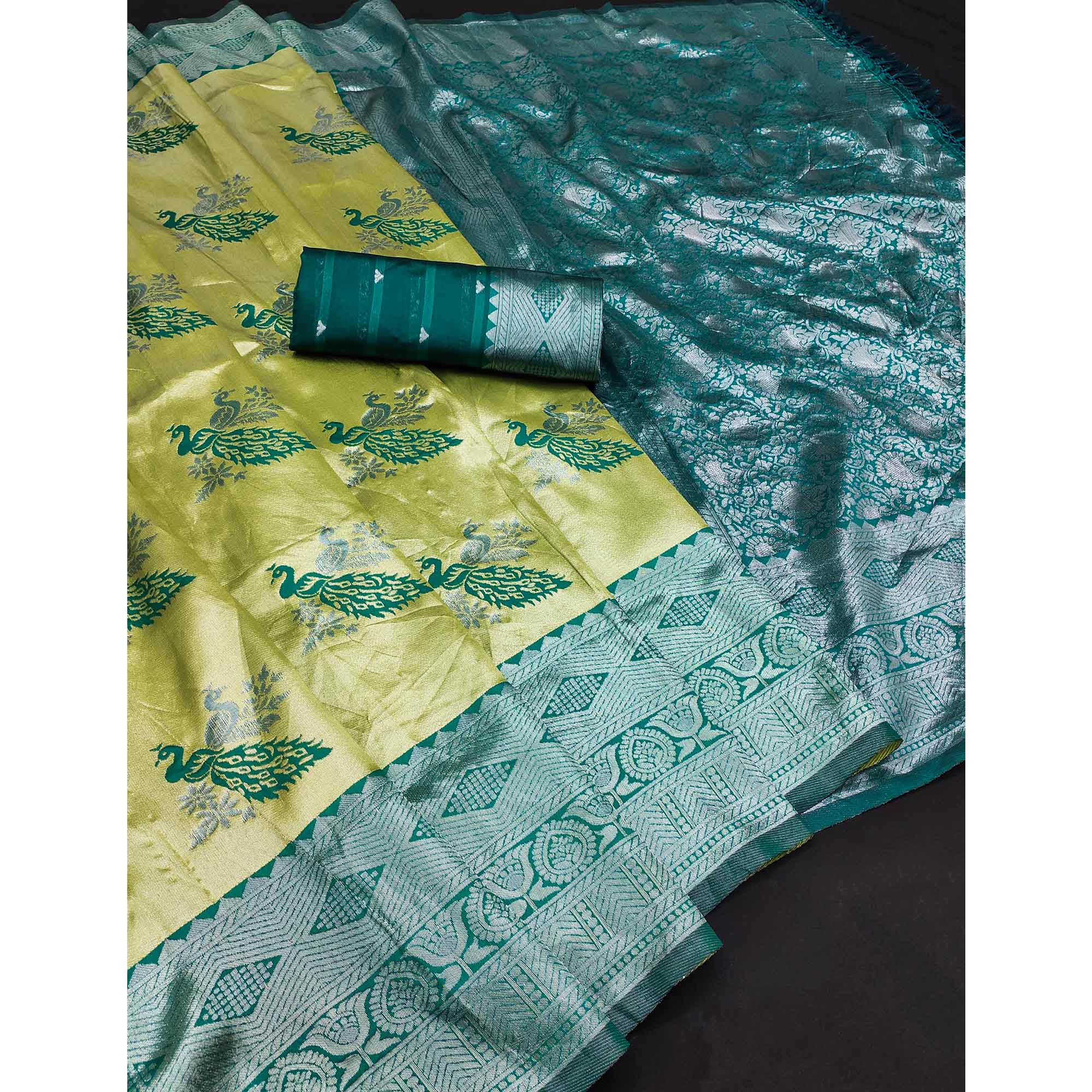 Parrot Green Banarasi Silk Saree Featuring Zari Weaving Peacock Pattern & Luxe Tassels