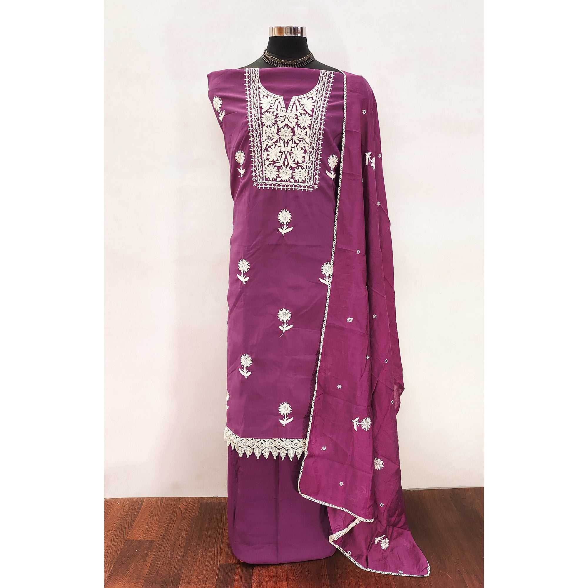 Purple Blossom Embroidered Viscose Fabric for Effortless Style