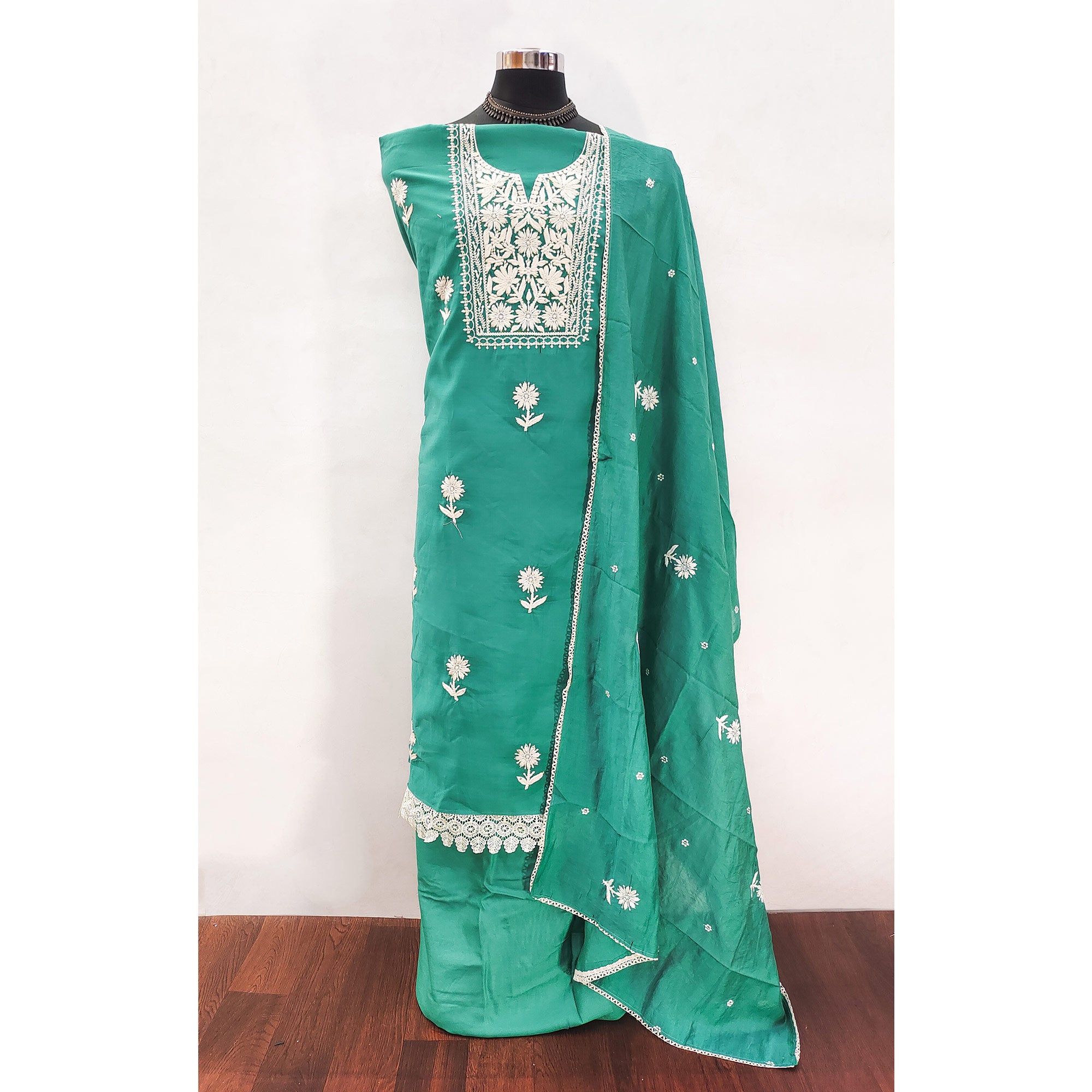 Sea Green Blossom Embroidered Viscose Fabric for Effortless Style