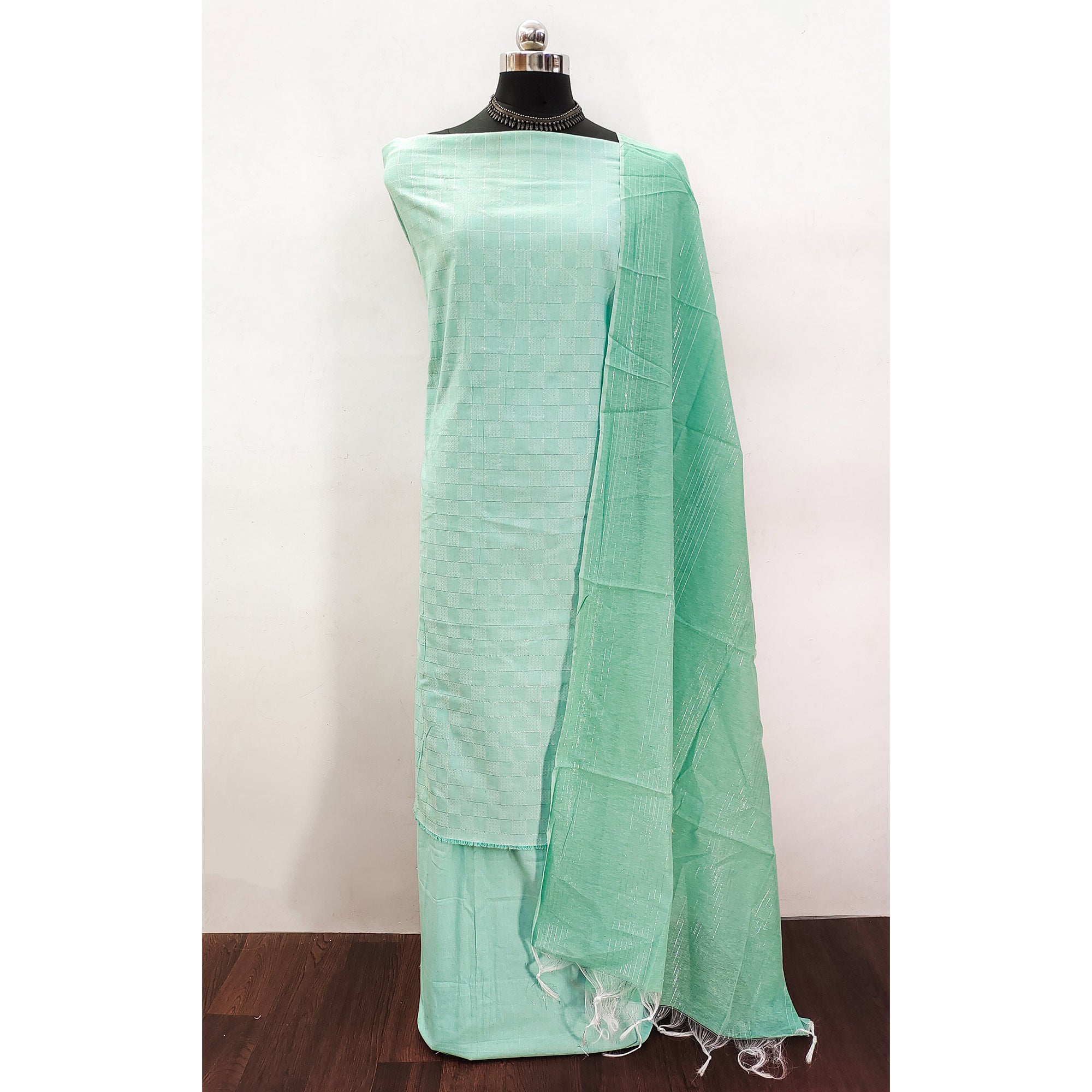 Soft and Breathable Pure Cotton Dress Material in Sea Green with Timeless Checkered Design