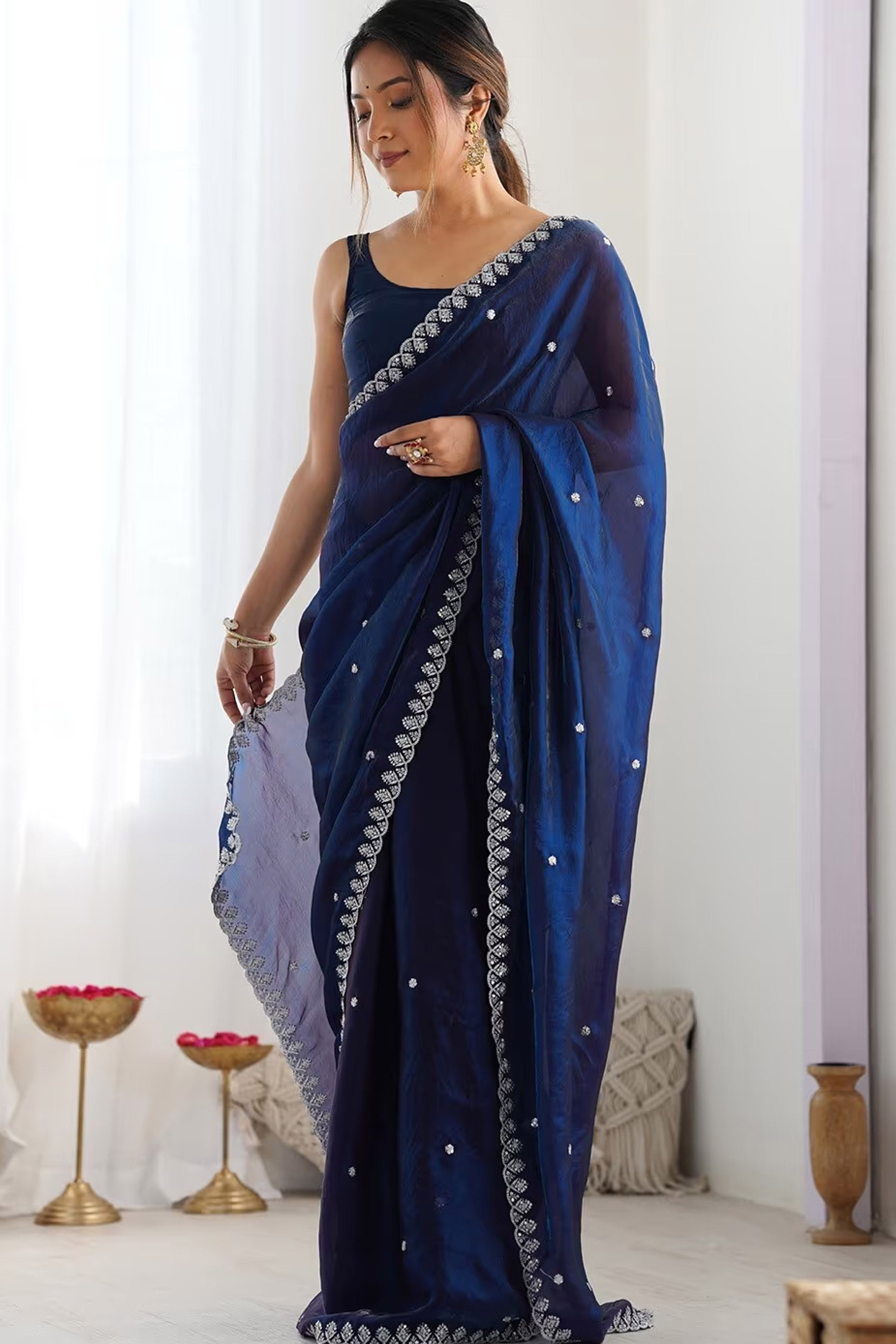 Stunning Navy Blue Organza Satin Silk Saree Adorned With Floral Sequin Zari Embroidery Work