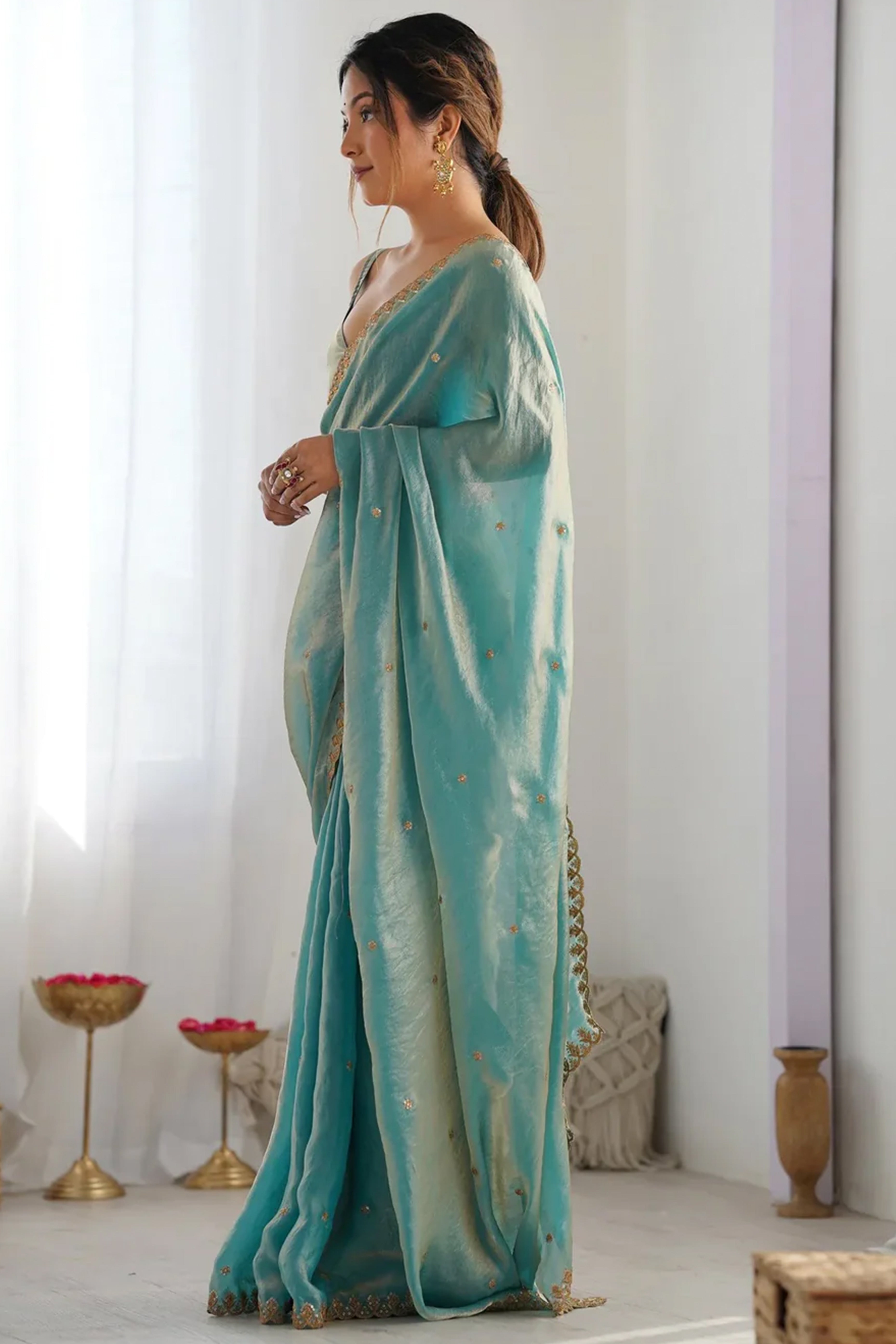 Stunning Turquoise Organza Satin Silk Saree Adorned With Floral Sequin Zari Embroidery Work