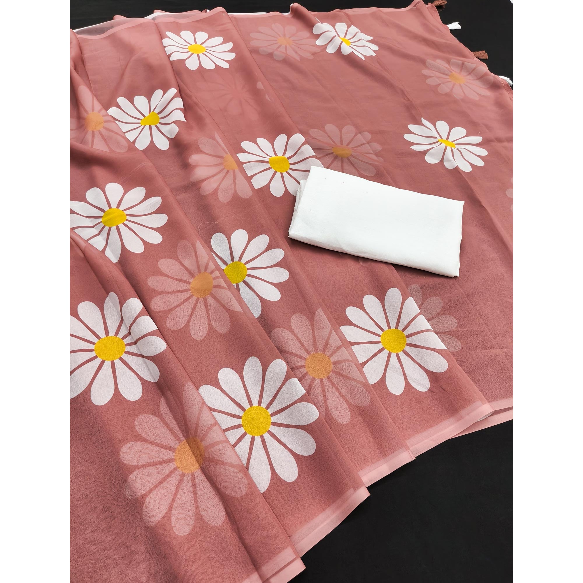 Brown Georgette Saree Featuring Delicate Floral Prints & Tassels Pallu