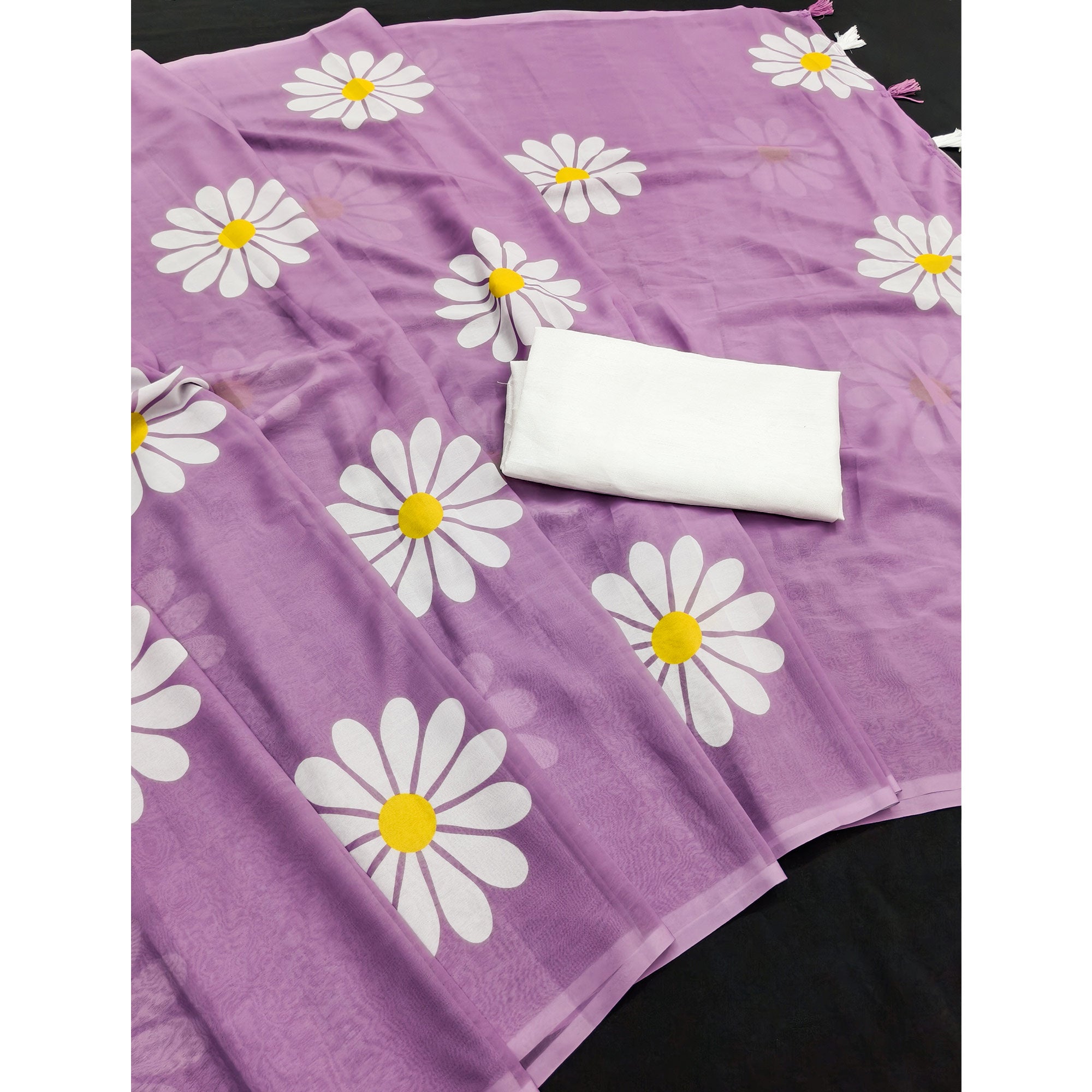 Light Violet Georgette Saree Featuring Delicate Floral Prints & Tassels Pallu