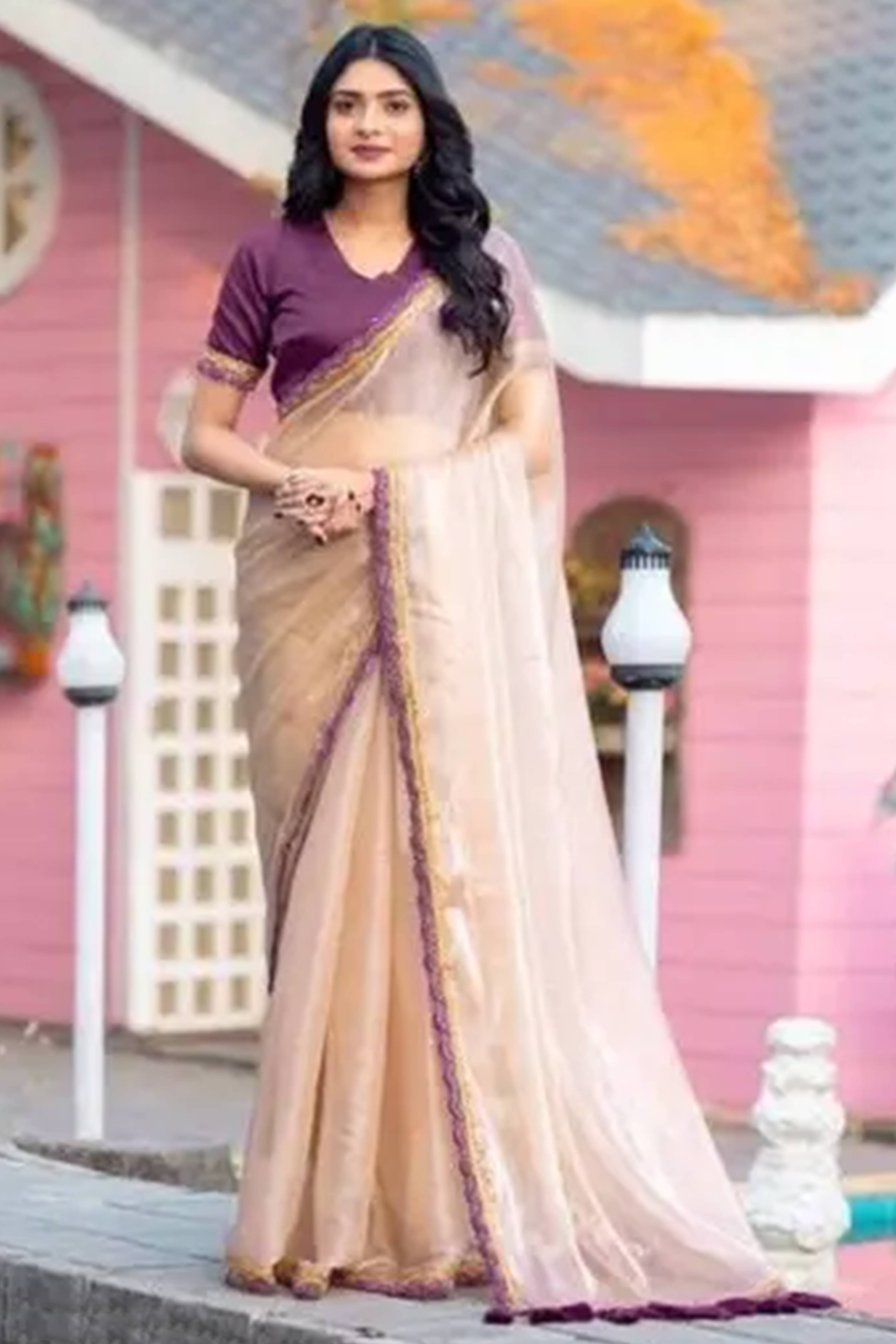 Beige Solid Tissue Saree Enhanced With Graceful Embroidered Lace Border Work