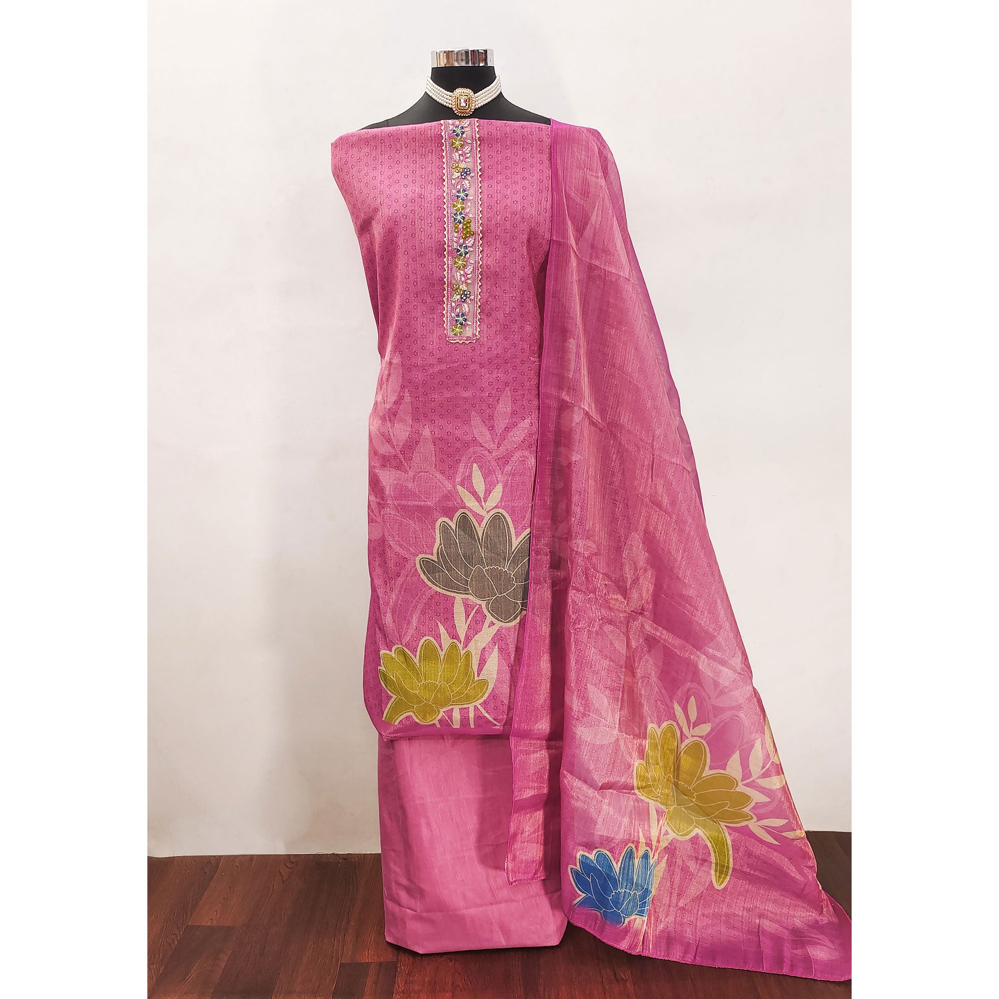 Pink Art Silk Dress Material Adorned with Soft Floral Prints for a Regal Ethnic Touch