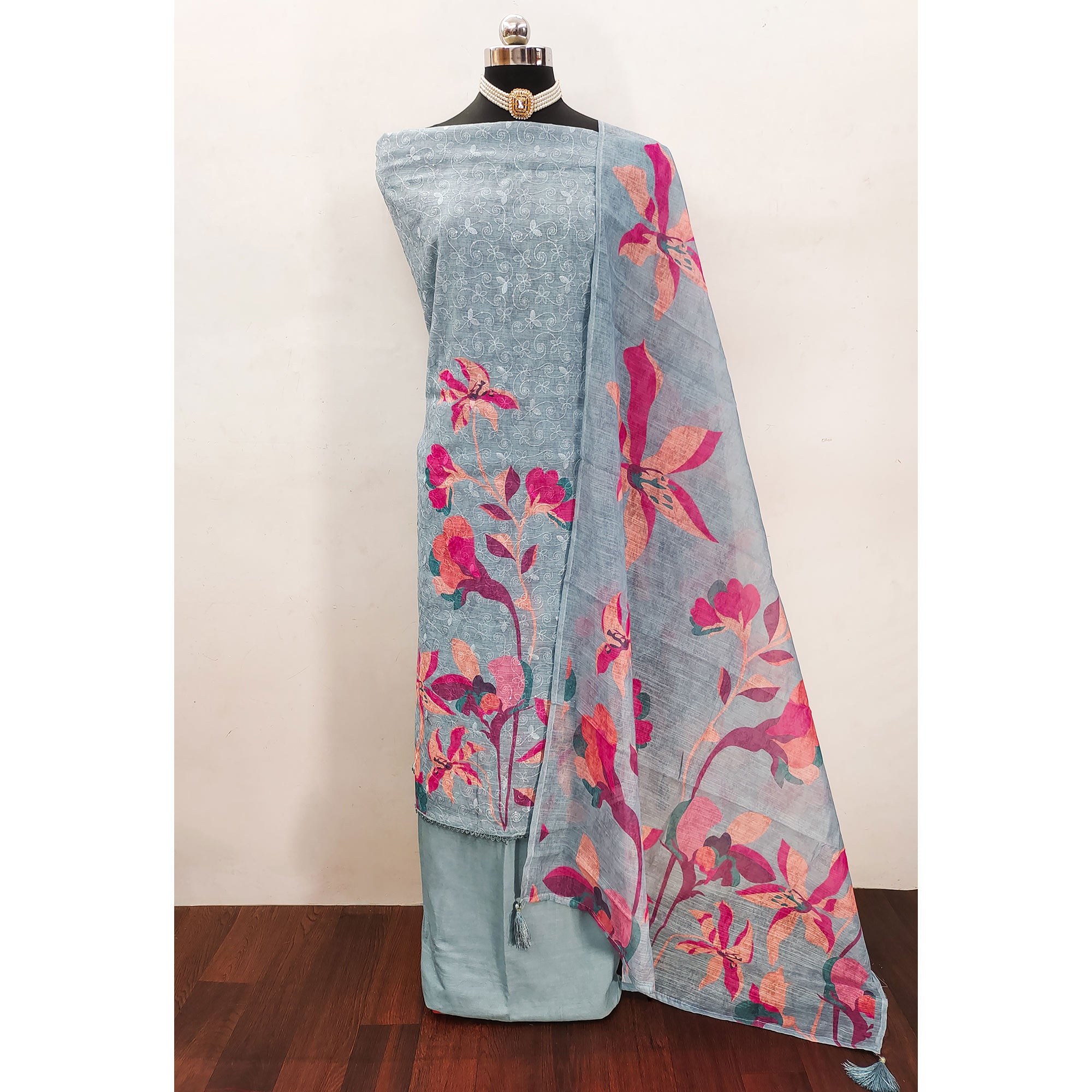 Grey Linen Dress Material Adorned with Artistic Floral Print and Elegant Thread Embroidery
