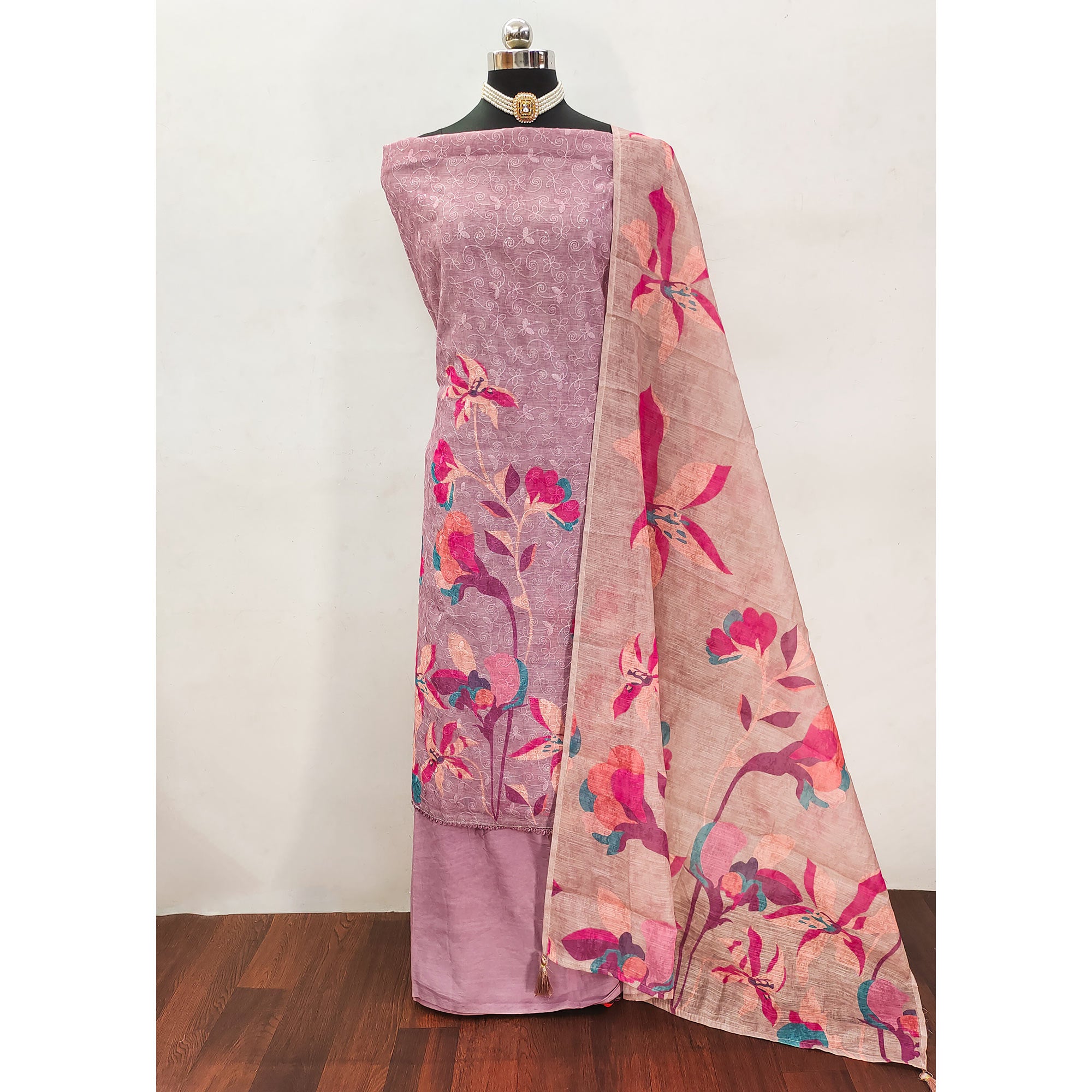 Mauve Linen Dress Material Adorned with Artistic Floral Print and Elegant Thread Embroidery