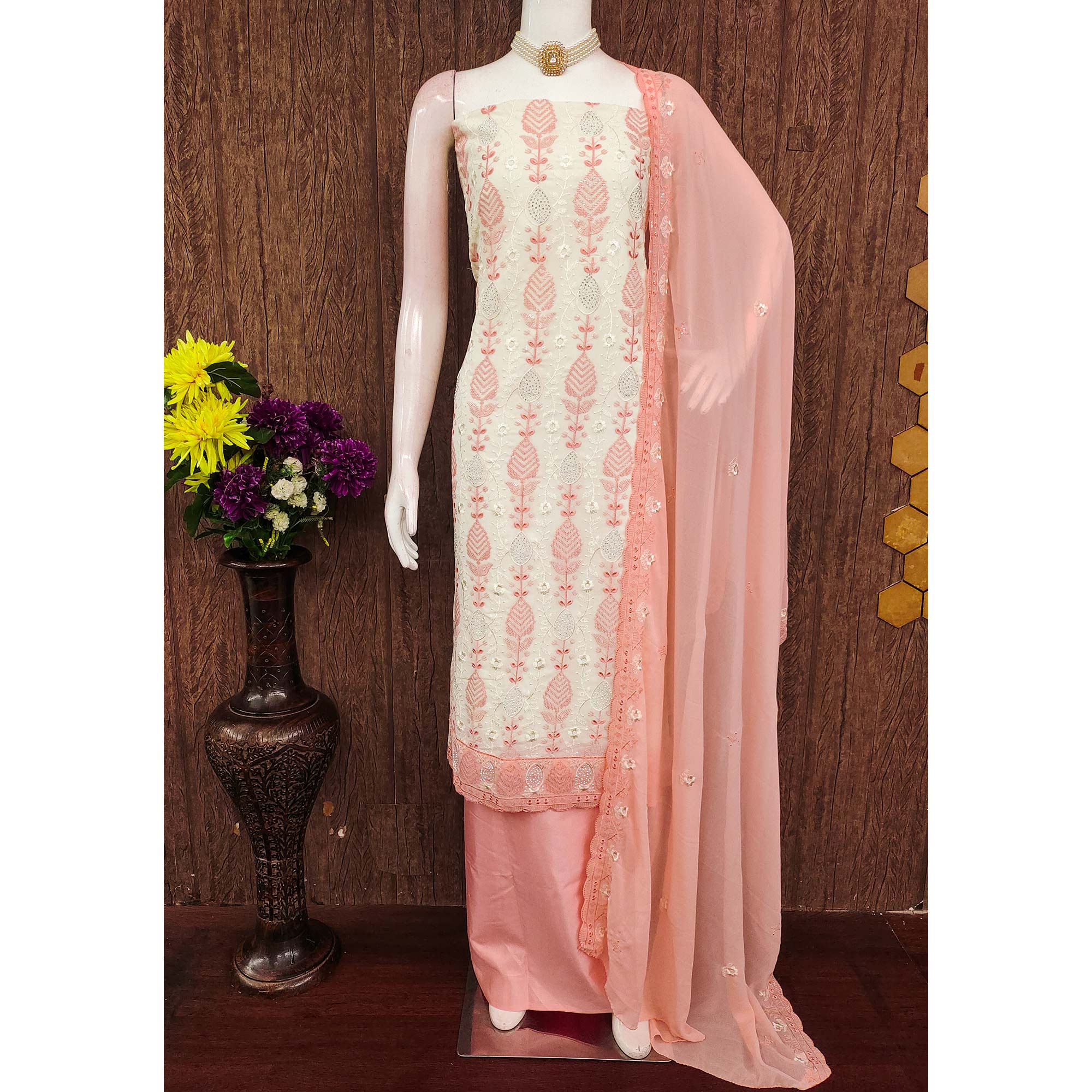 Premium Georgette Dress Material in Peach & Cream with Refined Floral Embroidery