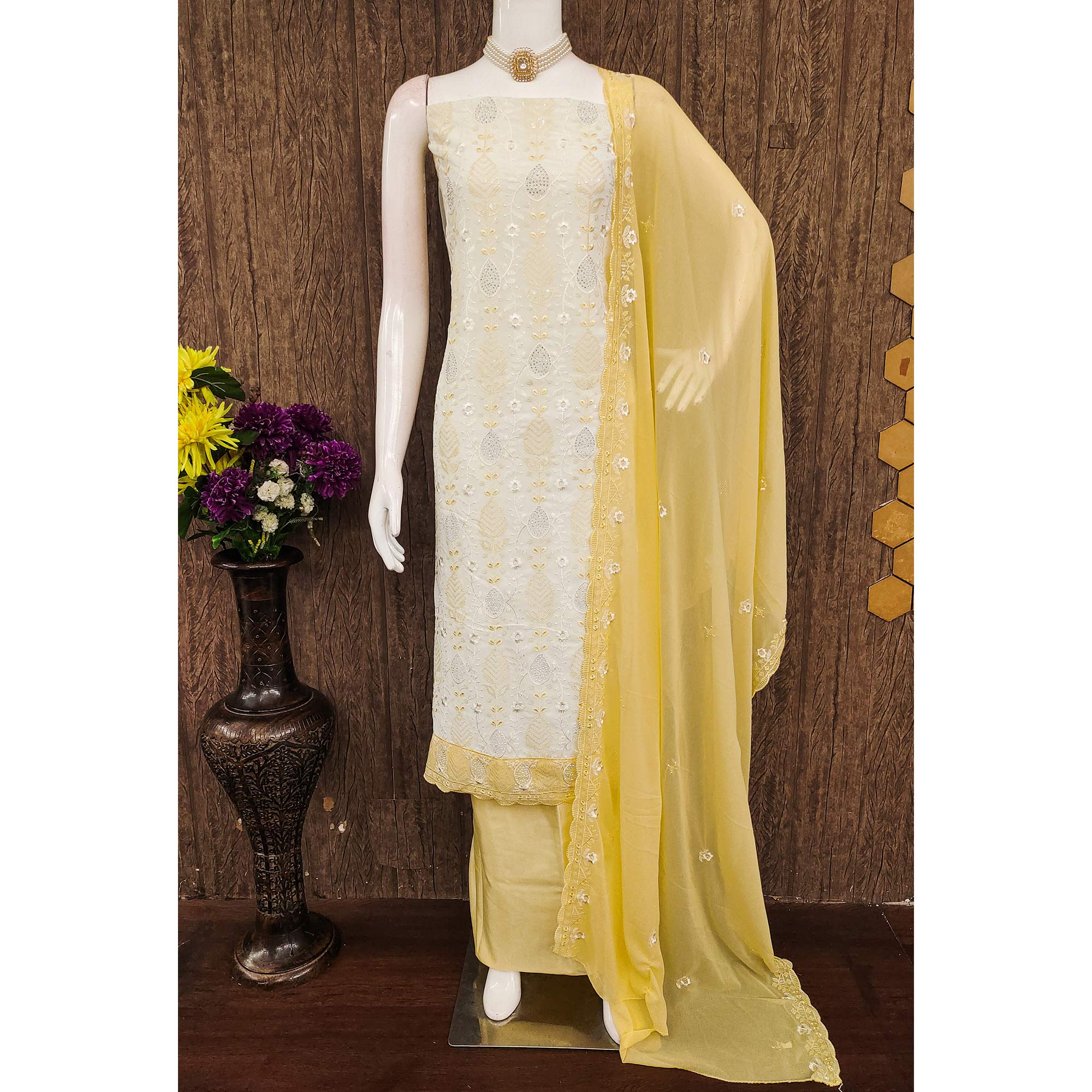 Premium Georgette Dress Material in Yellow & Cream with Refined Floral Embroidery