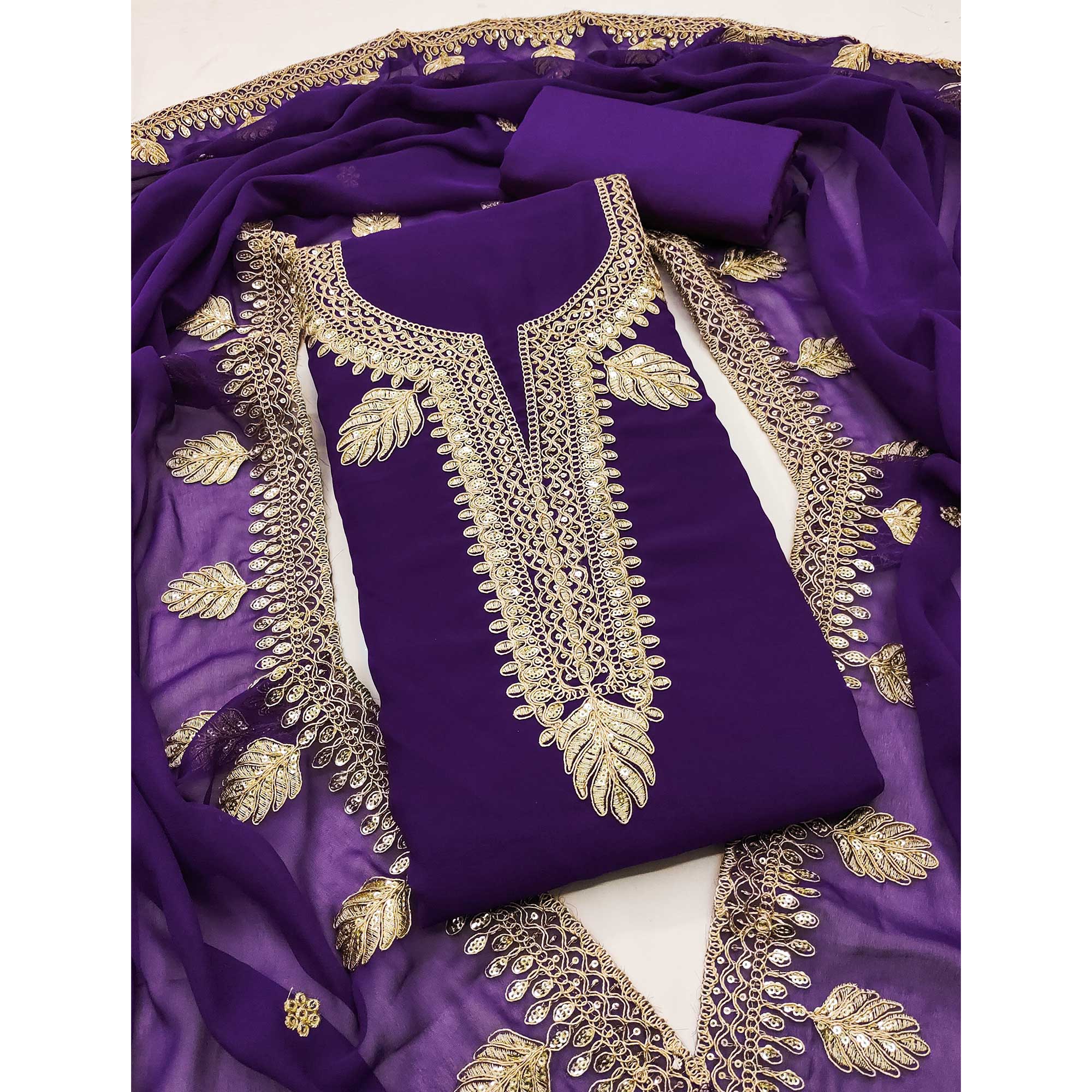 Violet Ethnic Dress Material in Georgette with Embroidery