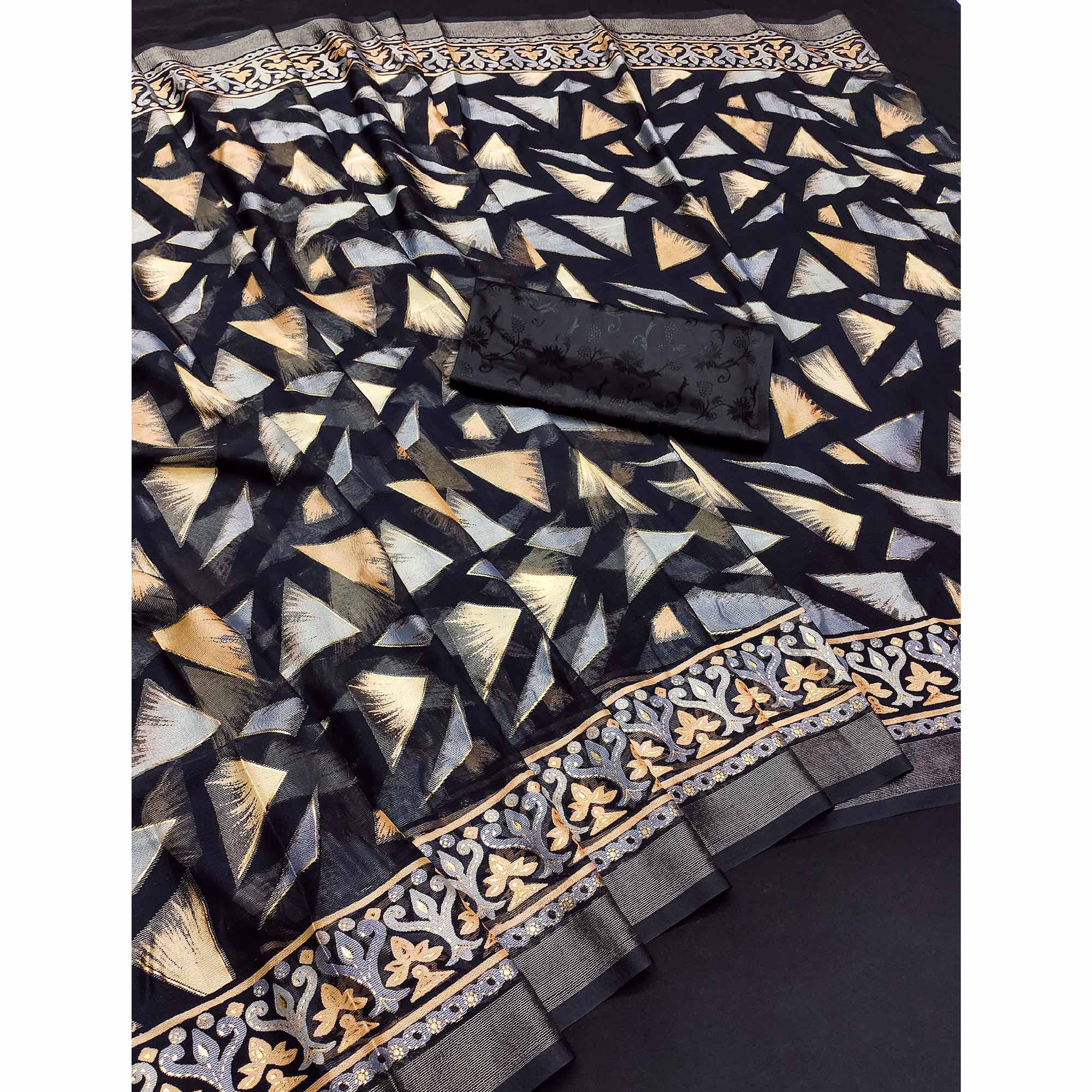Black Saree in Brasso with Contemporary Geometric Print
