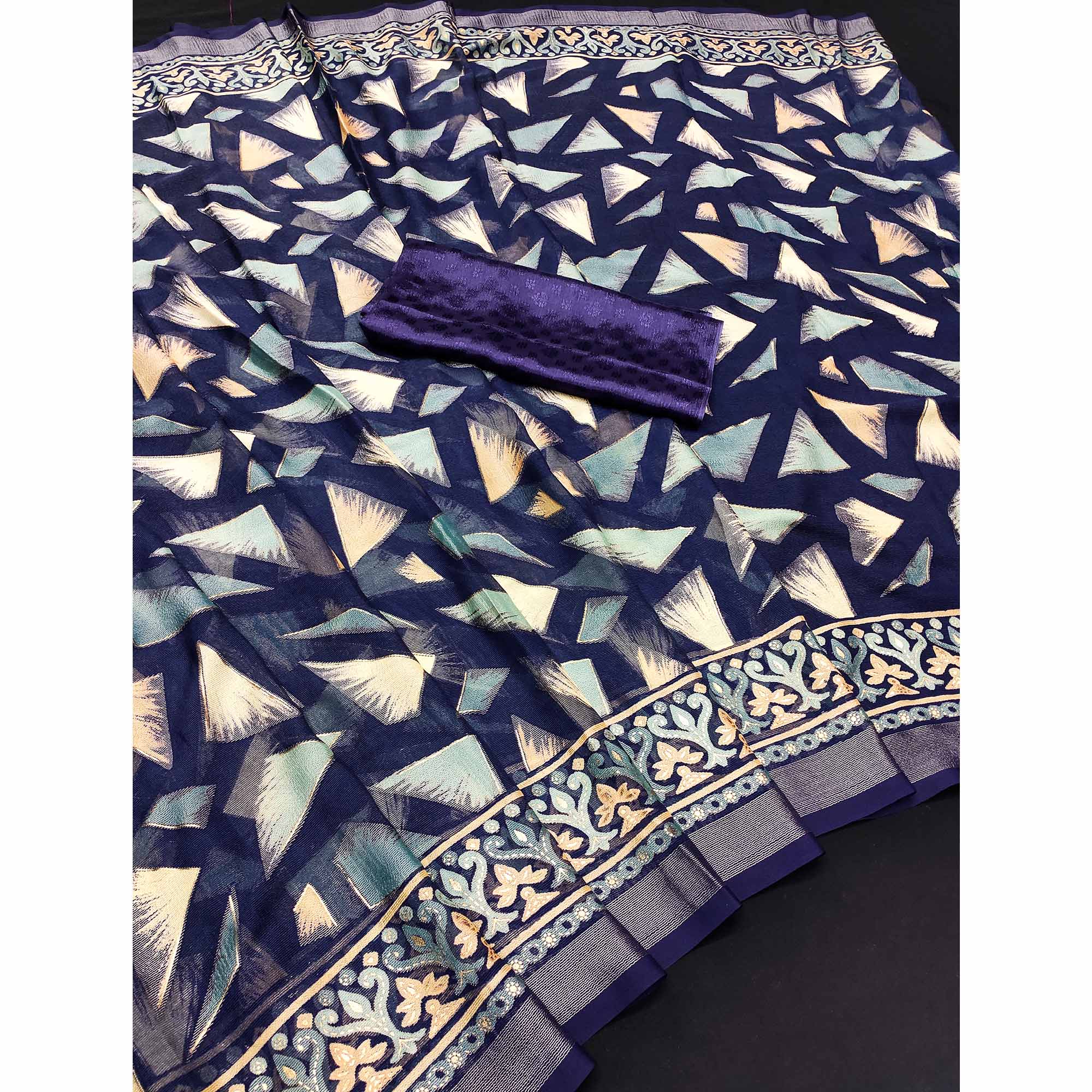 Blue Saree in Brasso with Contemporary Geometric Print
