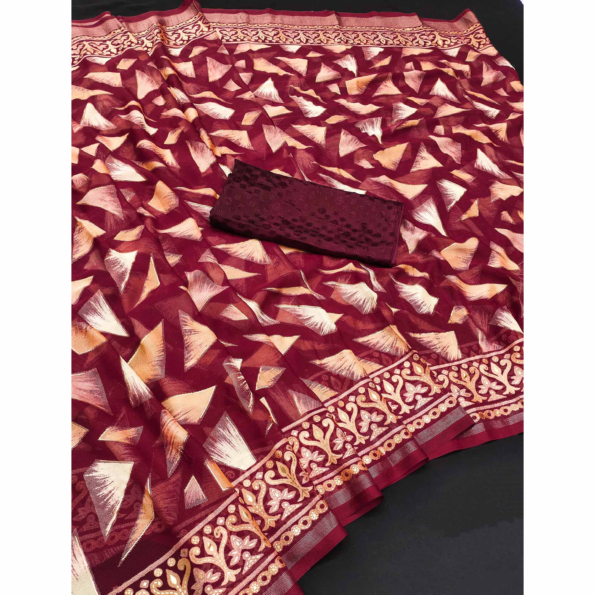 Maroon Saree in Brasso with Contemporary Geometric Print