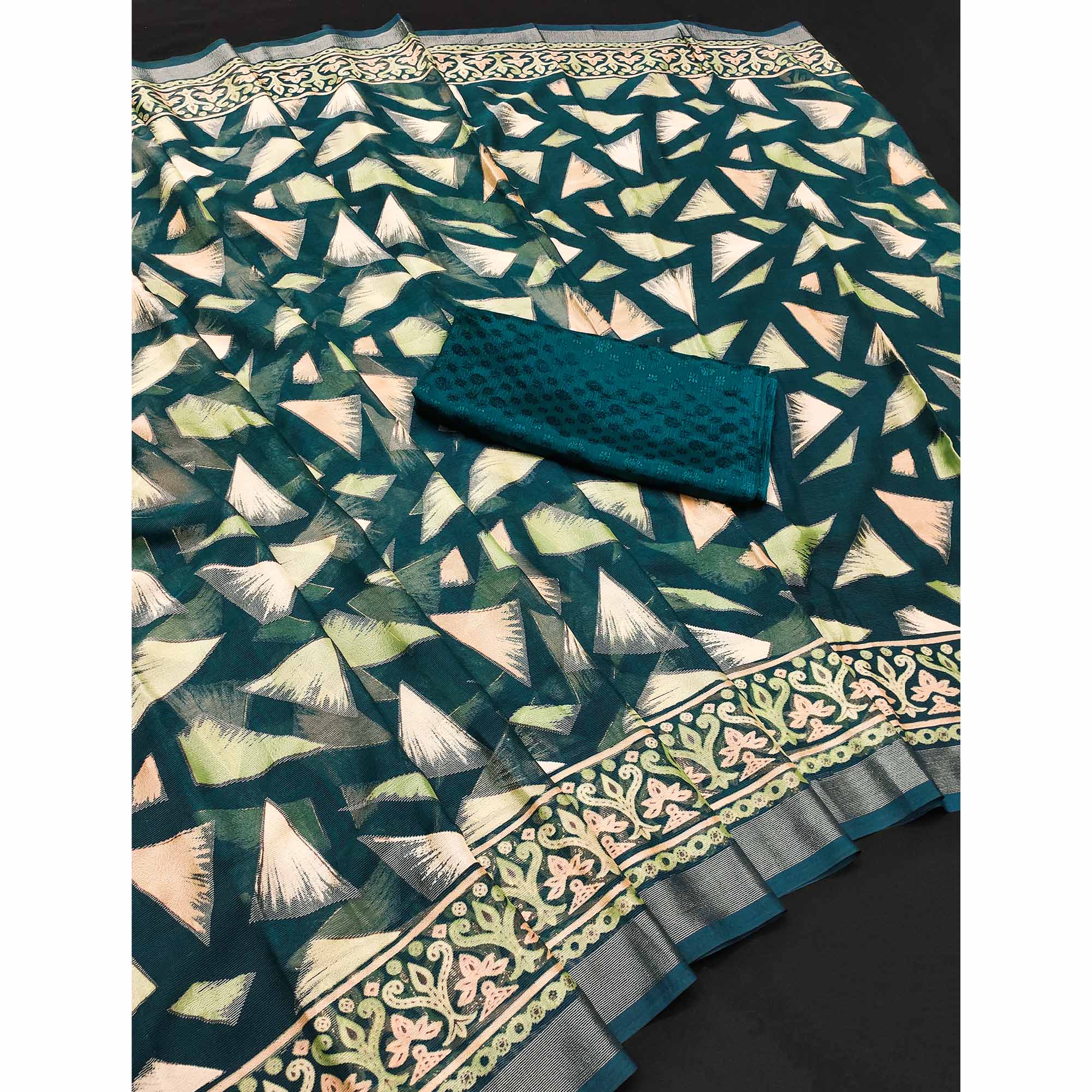 Teal Saree in Brasso with Contemporary Geometric Print