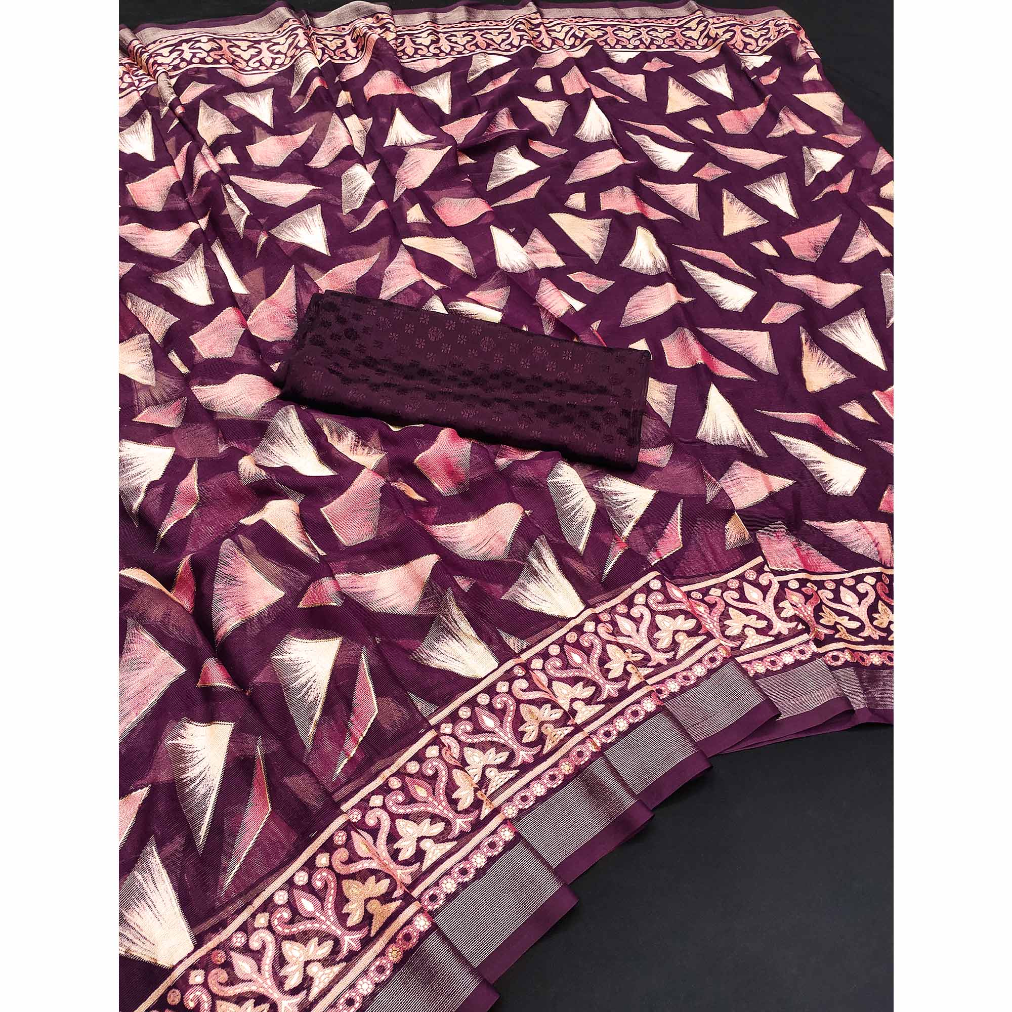 Wine Saree in Brasso with Contemporary Geometric Print