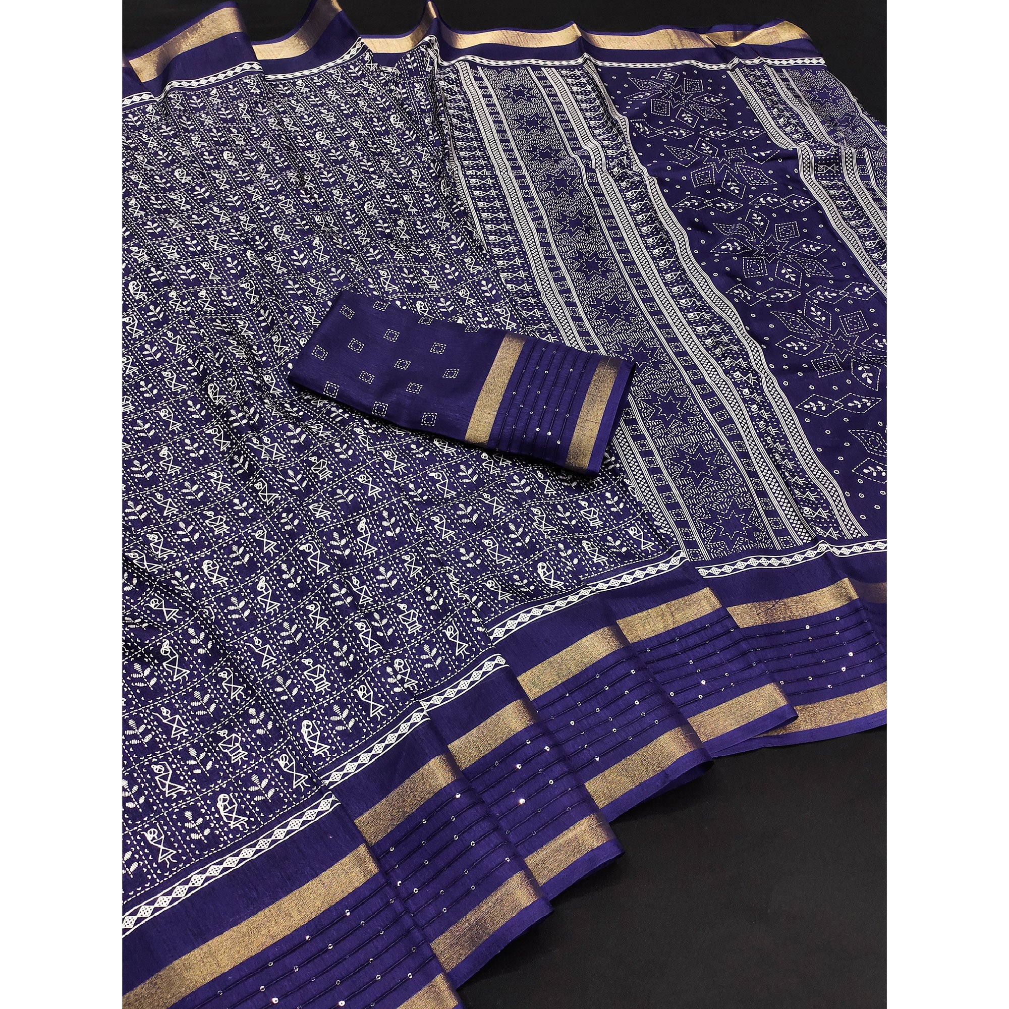Blue Printed Dola Silk Saree Showcasing Warli Heritage Patterns