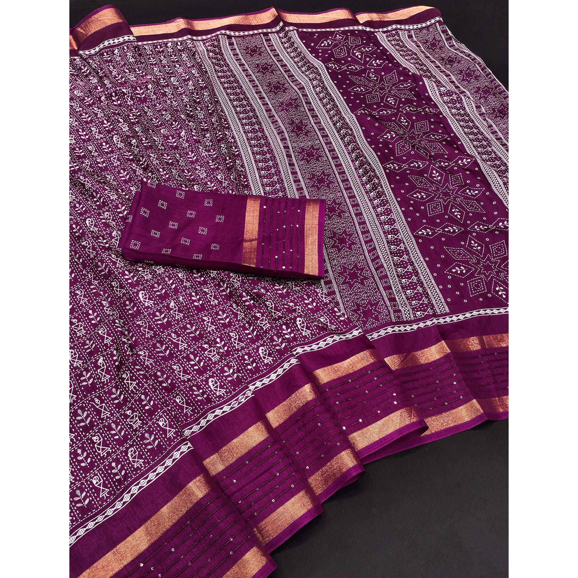 Plum Purple Printed Dola Silk Saree Showcasing Warli Heritage Patterns