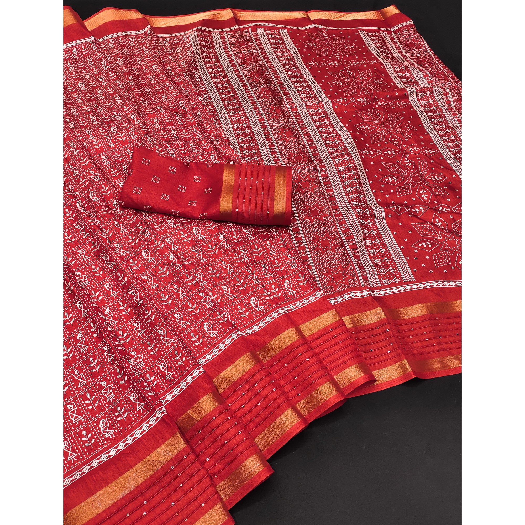 Red Printed Dola Silk Saree Showcasing Warli Heritage Patterns