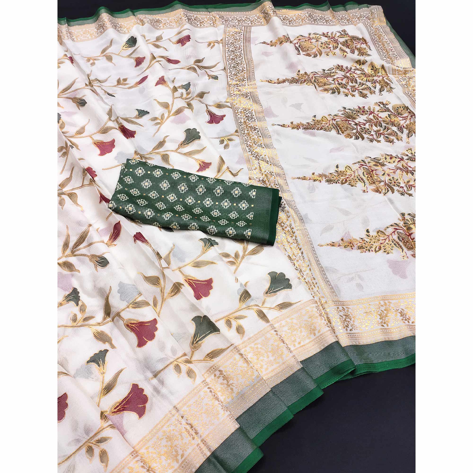 Green Sheer Brasso Saree Embellished with Floral Foil Print