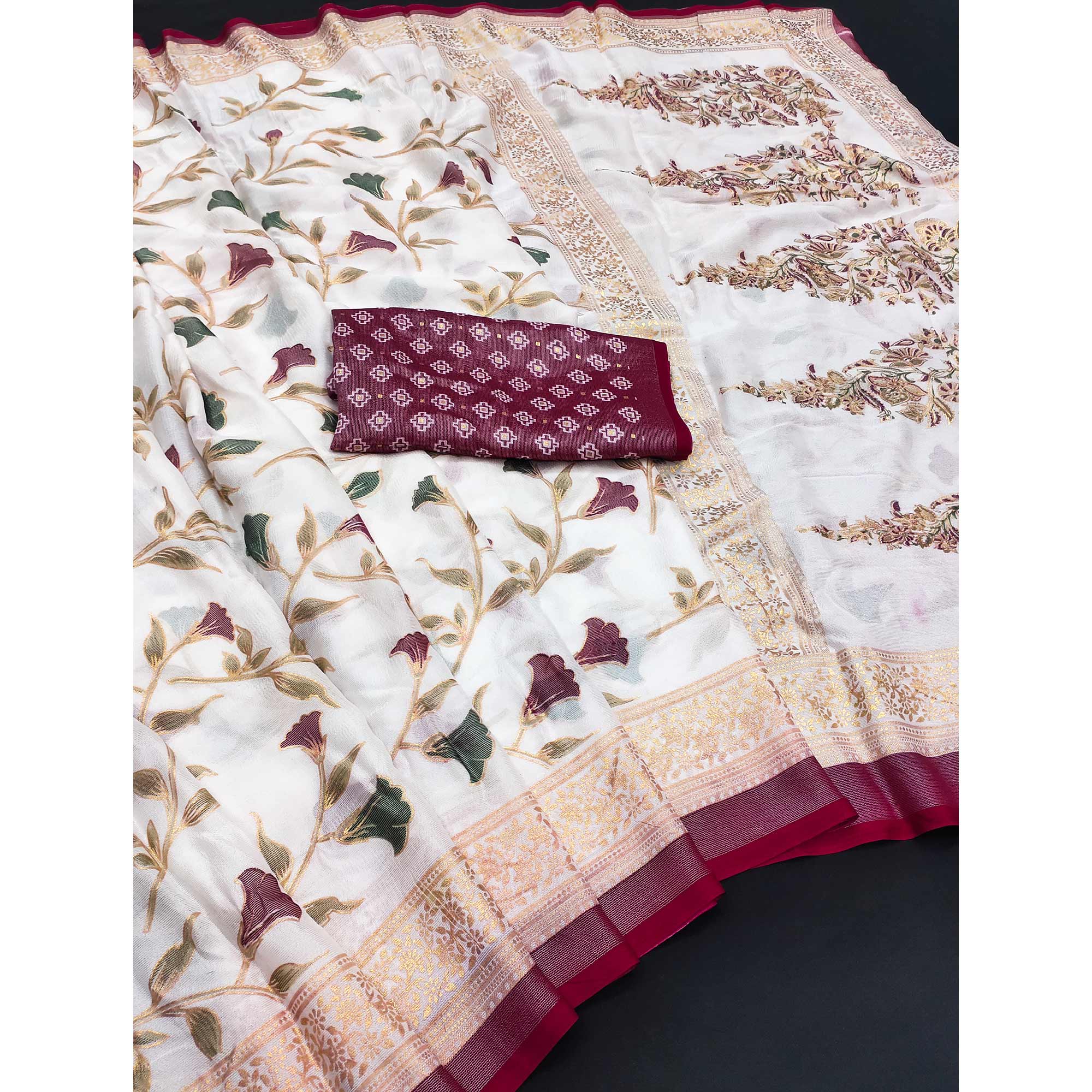 Magenta Sheer Brasso Saree Embellished with Floral Foil Print