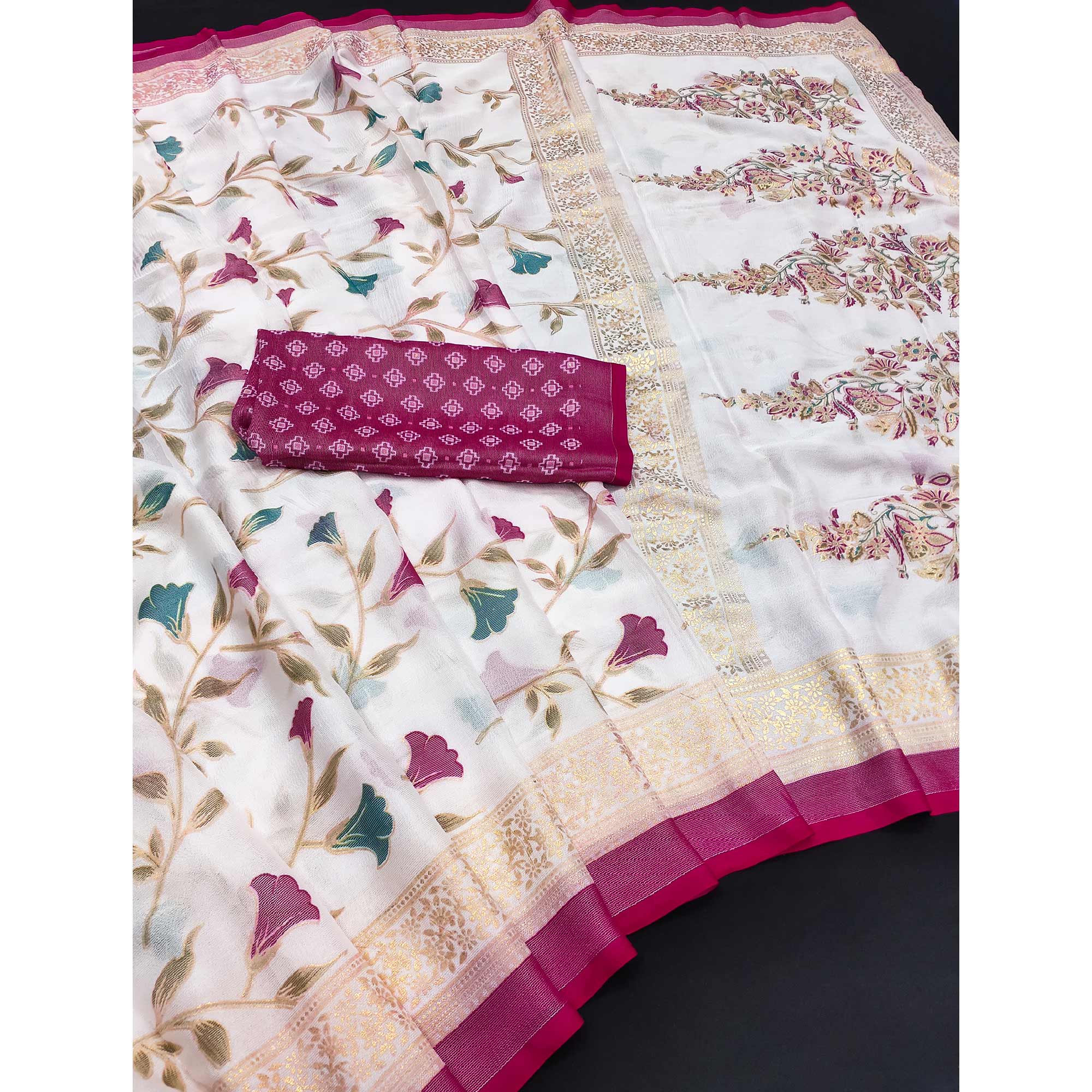 Pink Sheer Brasso Saree Embellished with Floral Foil Print