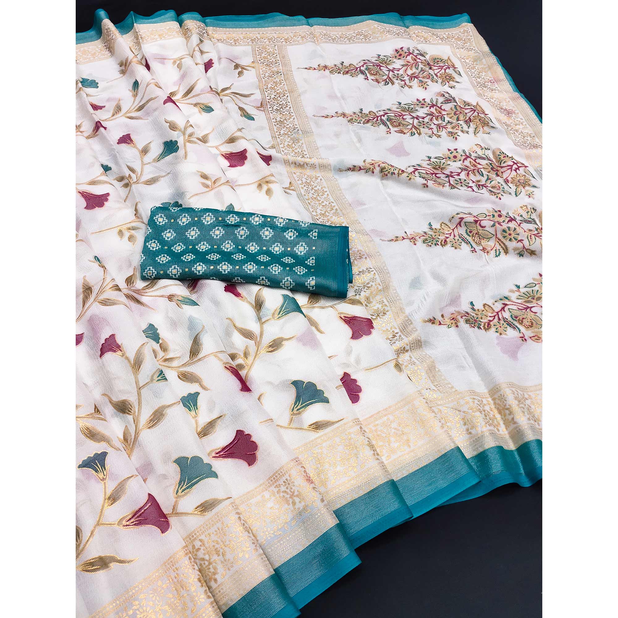 Rama Blue Sheer Brasso Saree Embellished with Floral Foil Print