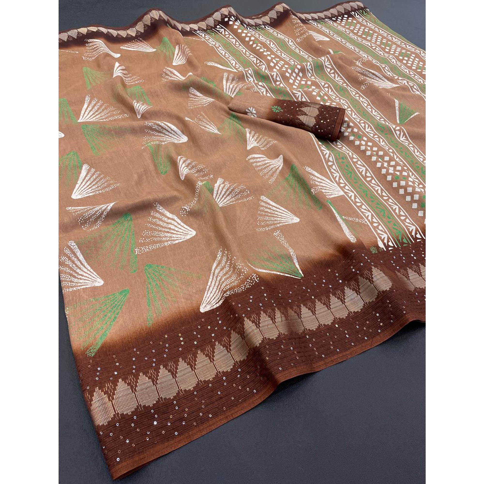Brown Printed Dola Silk Saree with Contrast Woven Border Charm