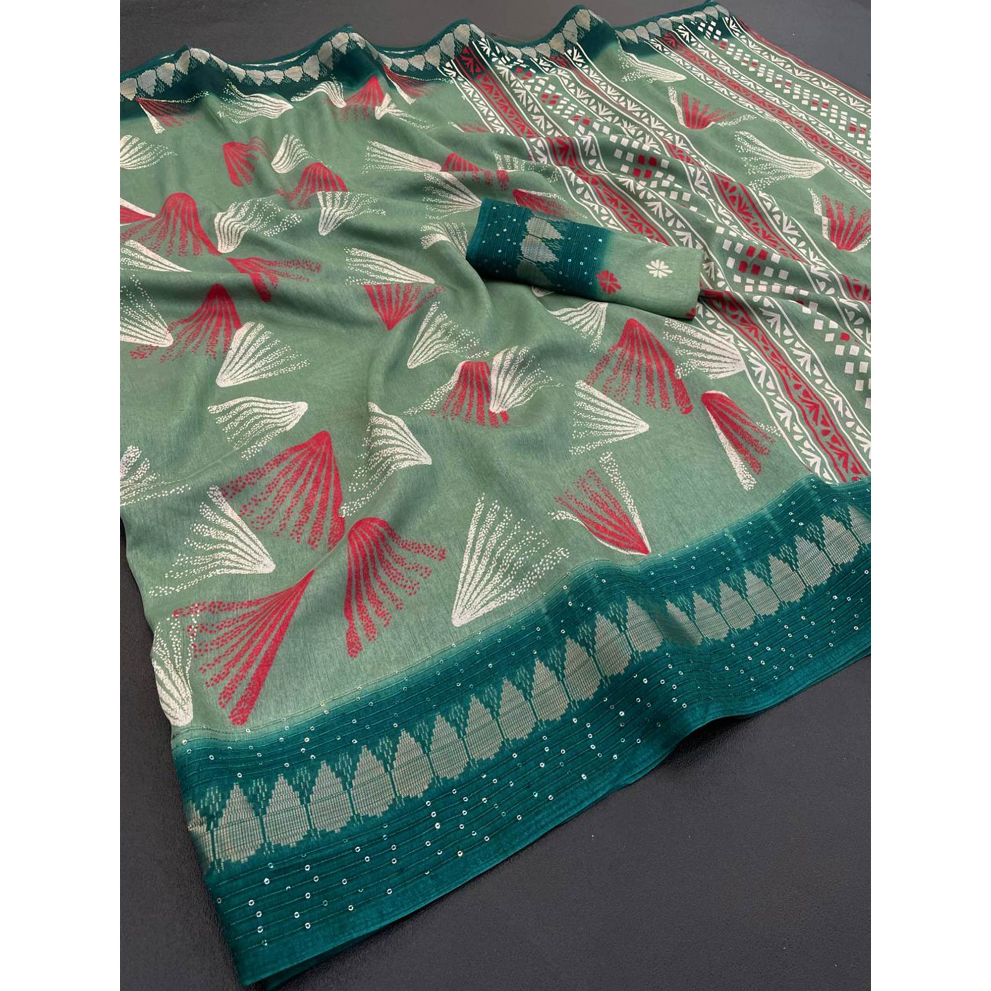 Green Printed Dola Silk Saree with Contrast Woven Border Charm