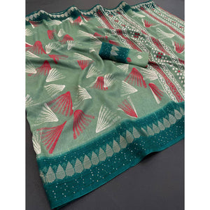 Green Printed Dola Silk Saree with Contrast Woven Border Charm