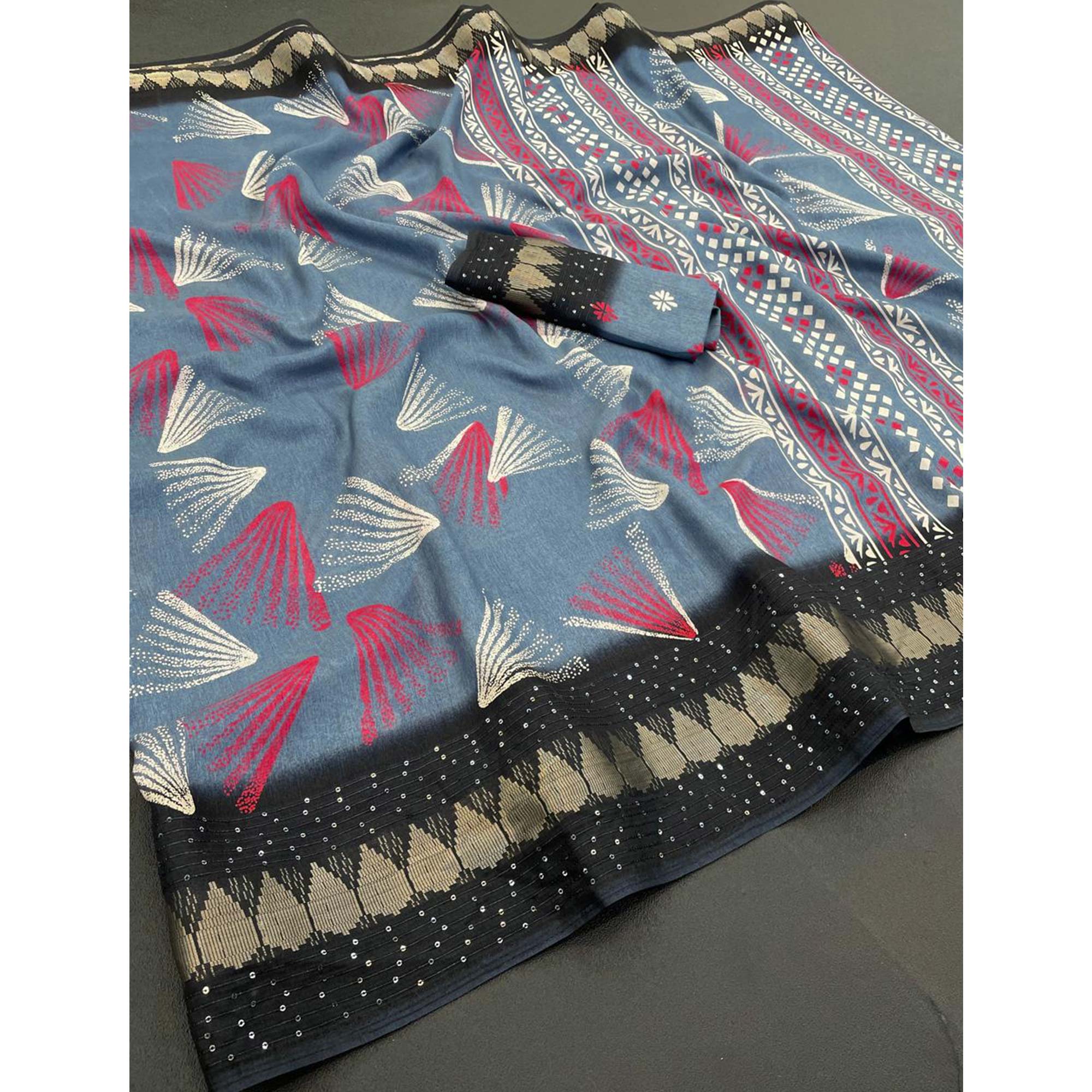 Grey Printed Dola Silk Saree with Contrast Woven Border Charm