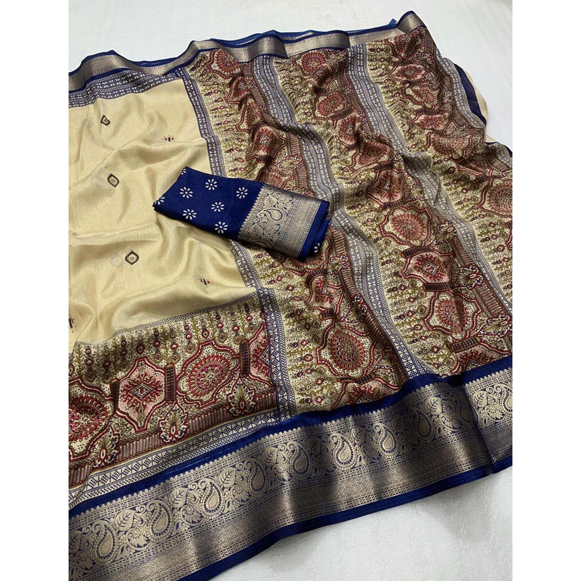 Blue Woven Border Saree in Lustrous Dola Silk with Print Accents