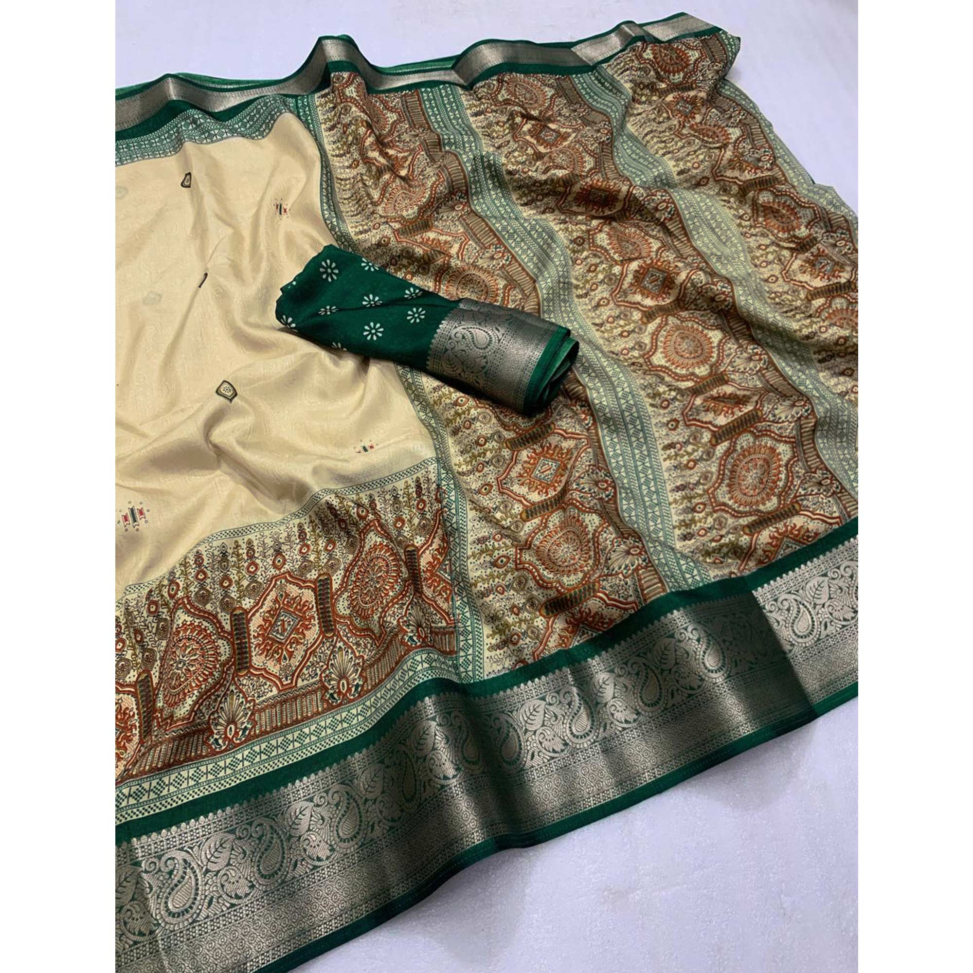 Green Woven Border Saree in Lustrous Dola Silk with Print Accents