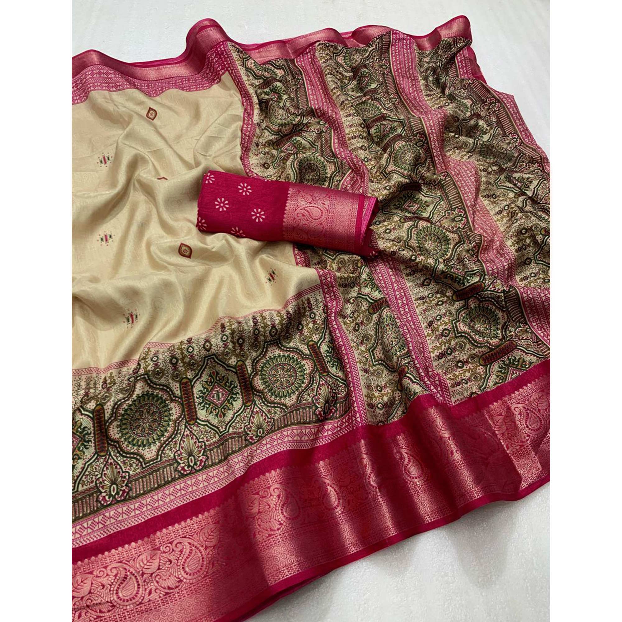 Magenta Woven Border Saree in Lustrous Dola Silk with Print Accents