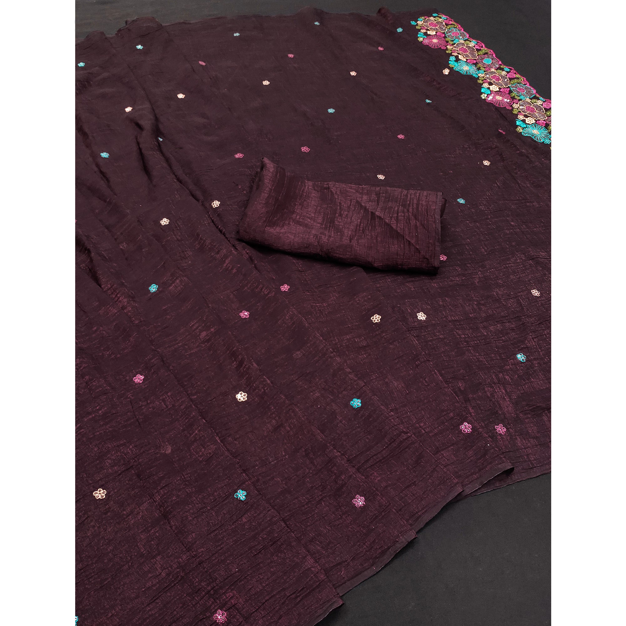 Wine Sheer Chiffon Saree with Artistic Floral Sequins Work