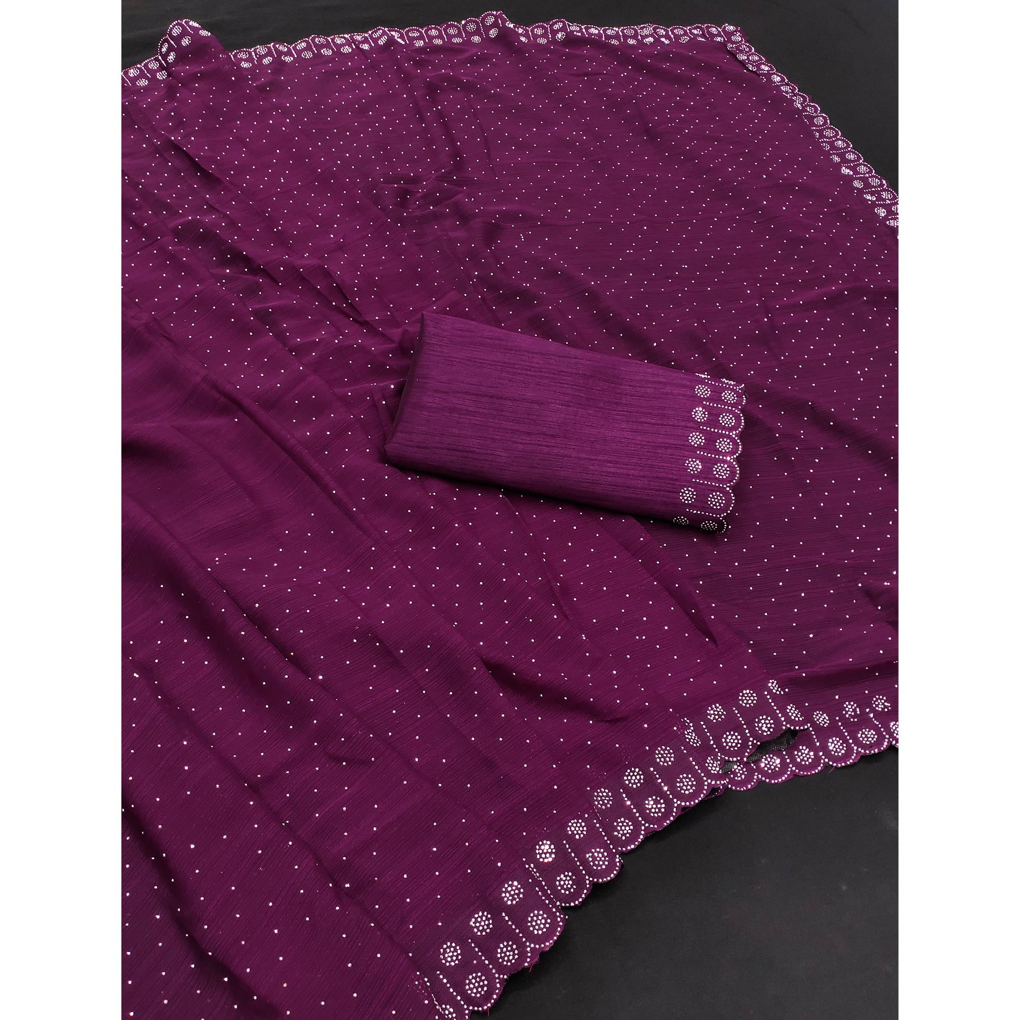 Chiffon Saree in Purple with Sparkling Stone Work Finish