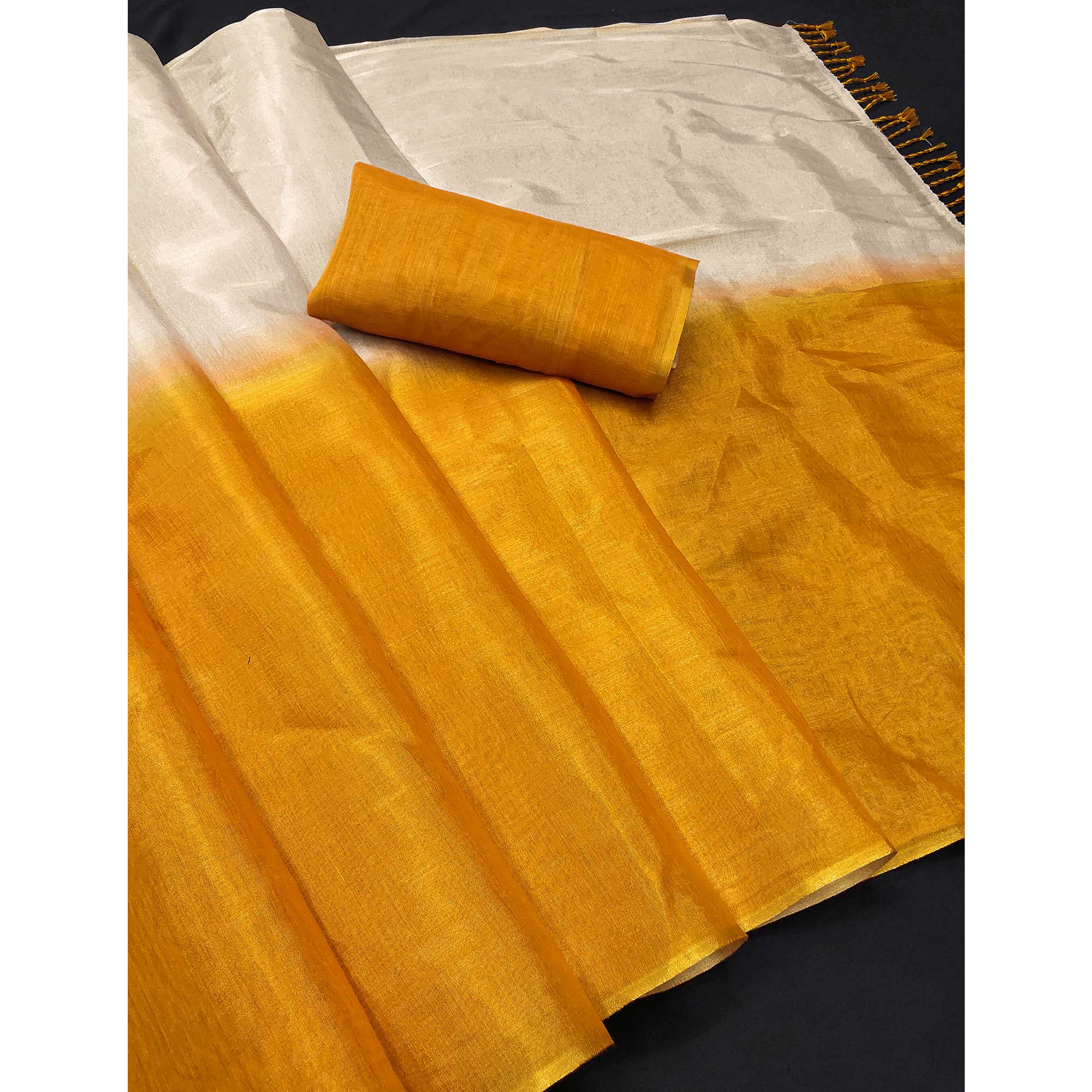 Solid Color Chikoo & Mustard Saree in Art Silk with Decorative Ends